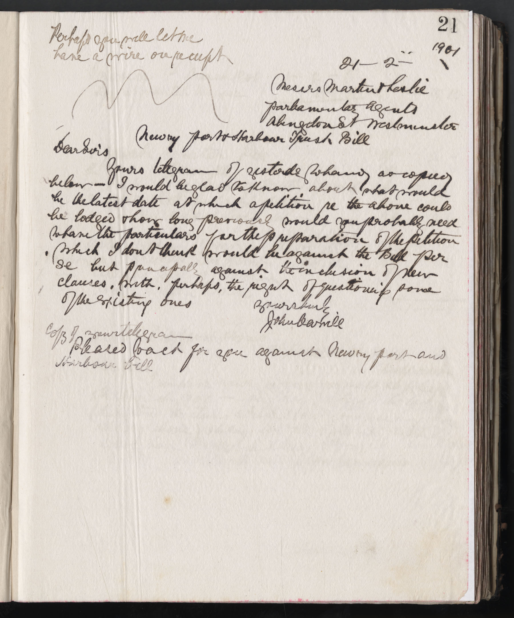 Carvill Letter Book, page 21, to Messrs Martin &amp; Leslie from John Carvill, dated 21 Feb 1901