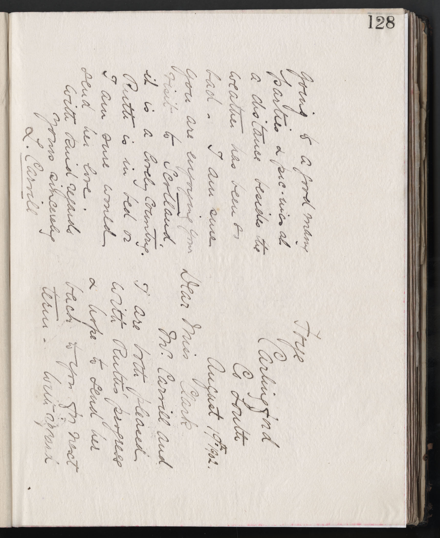 Carvill Letter Books, 1902, page 128 - Letter from L. Carvill to Miss Clark, dated 19 August 1902, page 1 &amp; 4 of 5