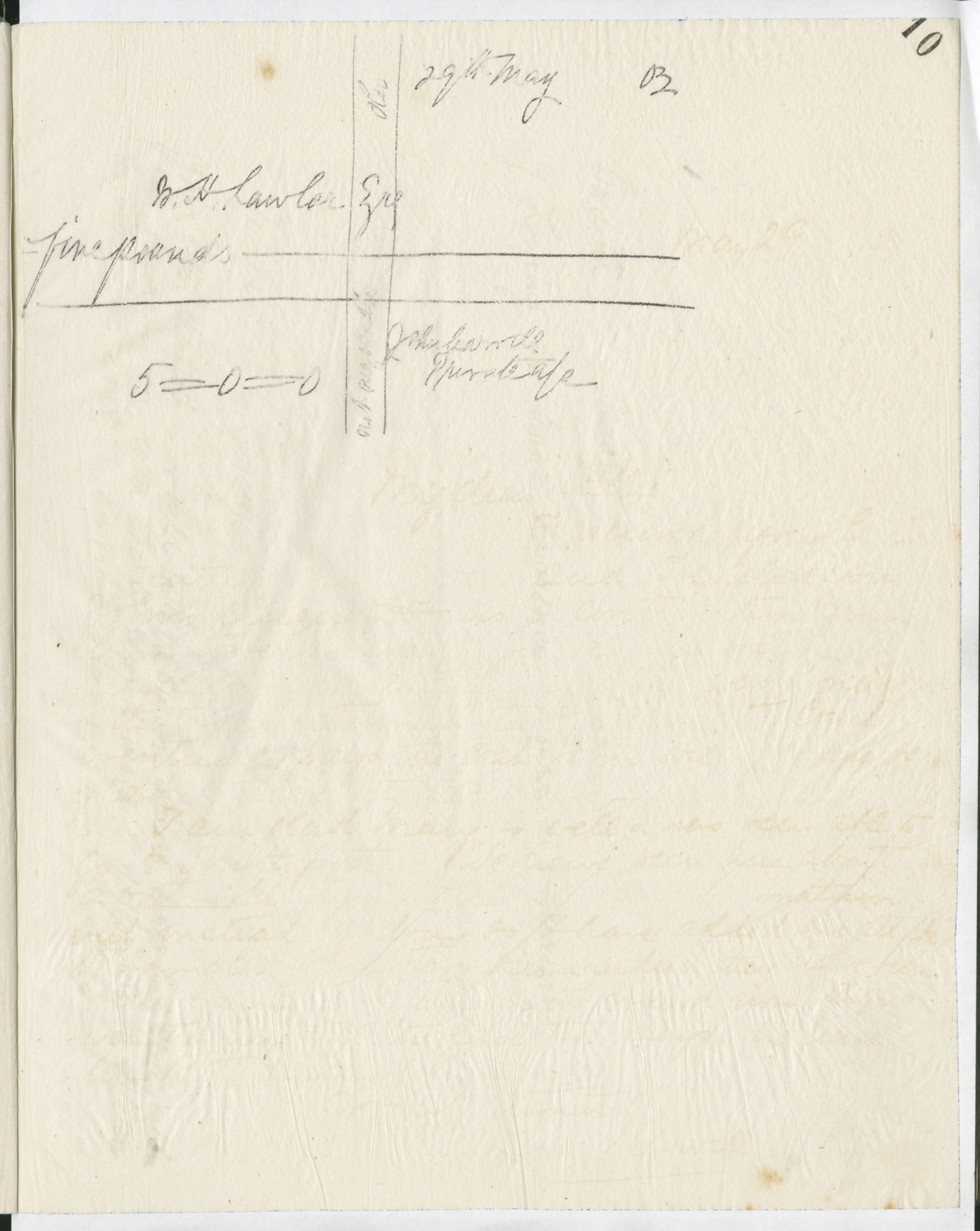 Carvill Letter Books, 1903, page 10 - copy of five pound check from John Carvill to W. H. Lawlor, dated 29 May 1903