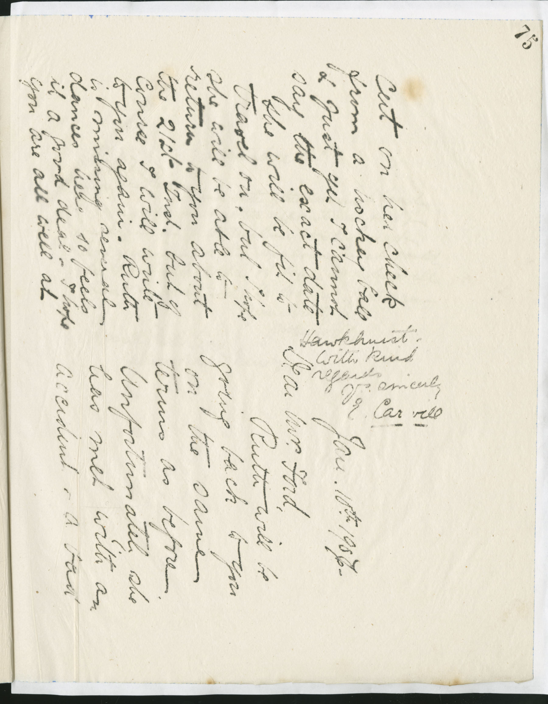 Carvill Letter Books, 1907, page 75 - Letter from Elizabeth Carvill to Mrs. Ford, dated 10 Jan 1907.