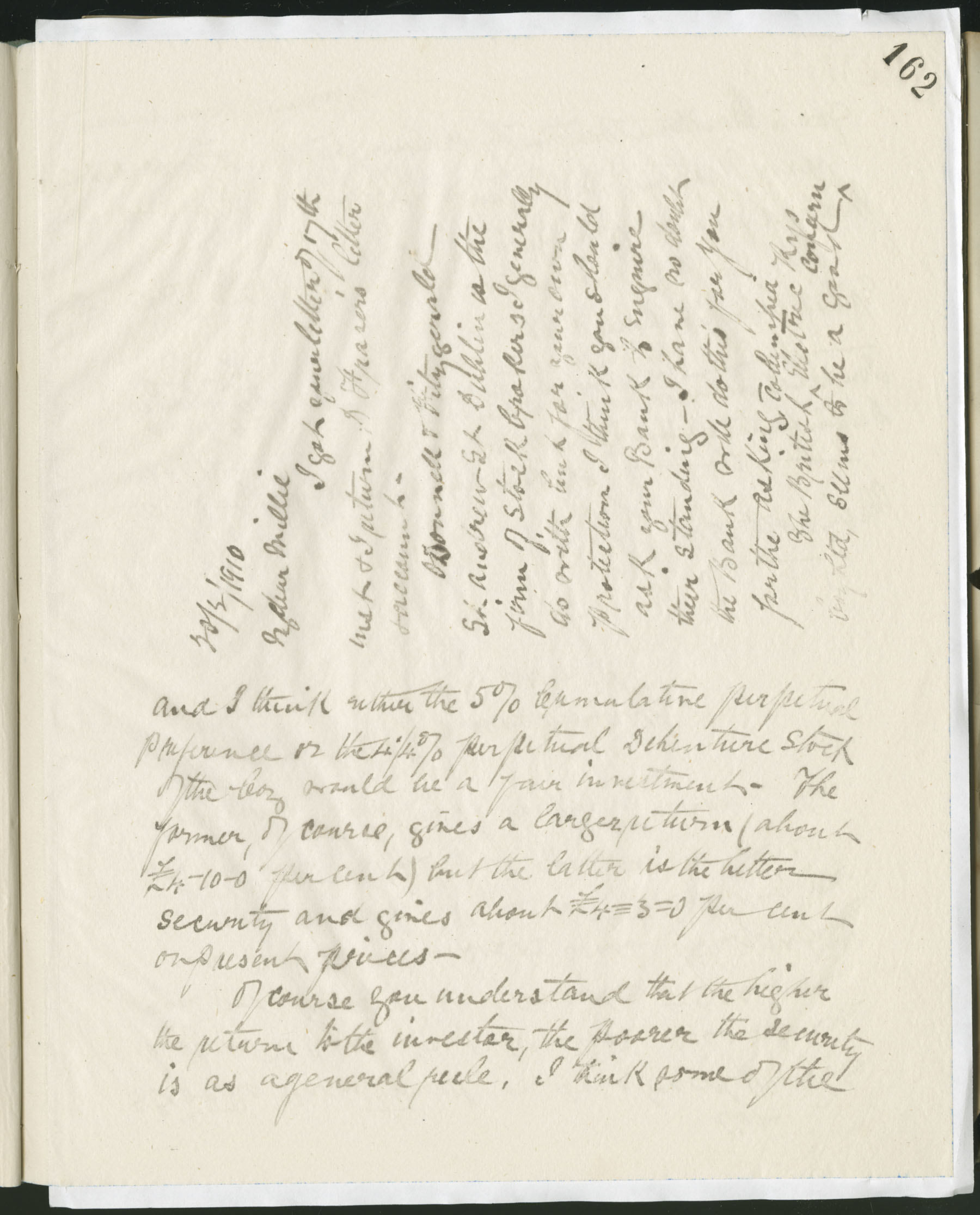 Carvill Letter Books, 1910, page 162-3 - Letter from John Carvill to Millie, dated 20 Feb 1910, pg 1 &amp; 2 of 4.