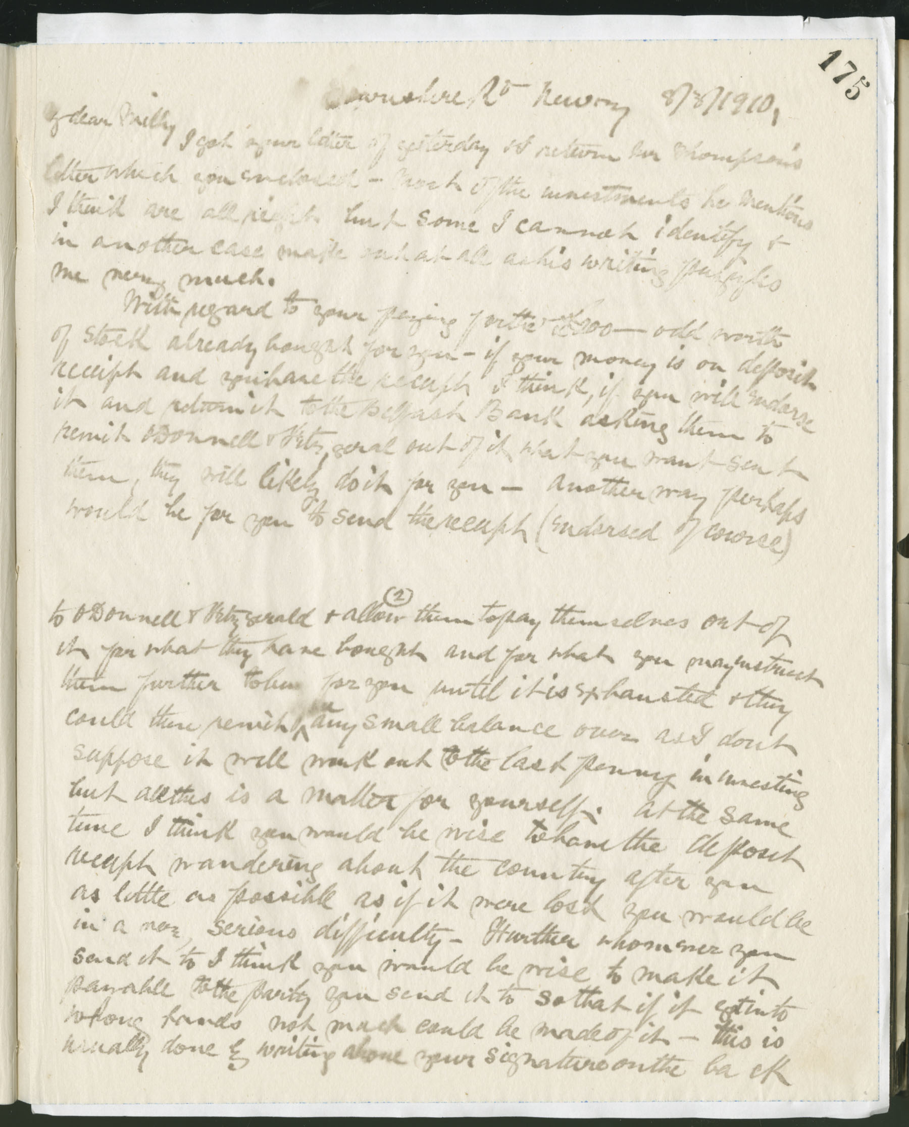 Carvill Letter Books, 1910, page 175-6 - Letter from John Carvill to Milly, dated 8 March 1910, pg 1 of 2.