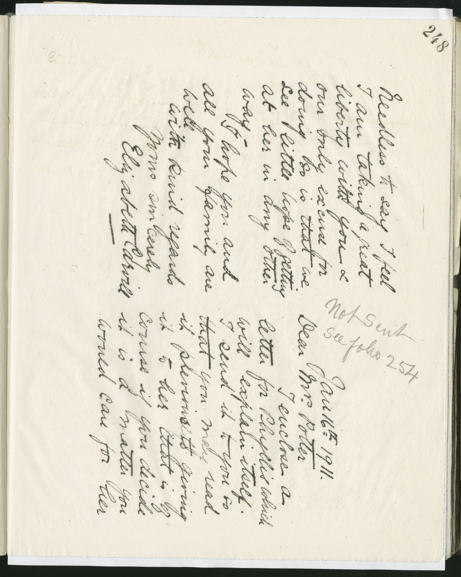 Carvill Letter Books, 1911, page 248-249 - Letter from Elizabeth Carvill to Mrs. Potter, dated 16 Jan 1911, pg 1 &amp; 4 of 4. (not sent)