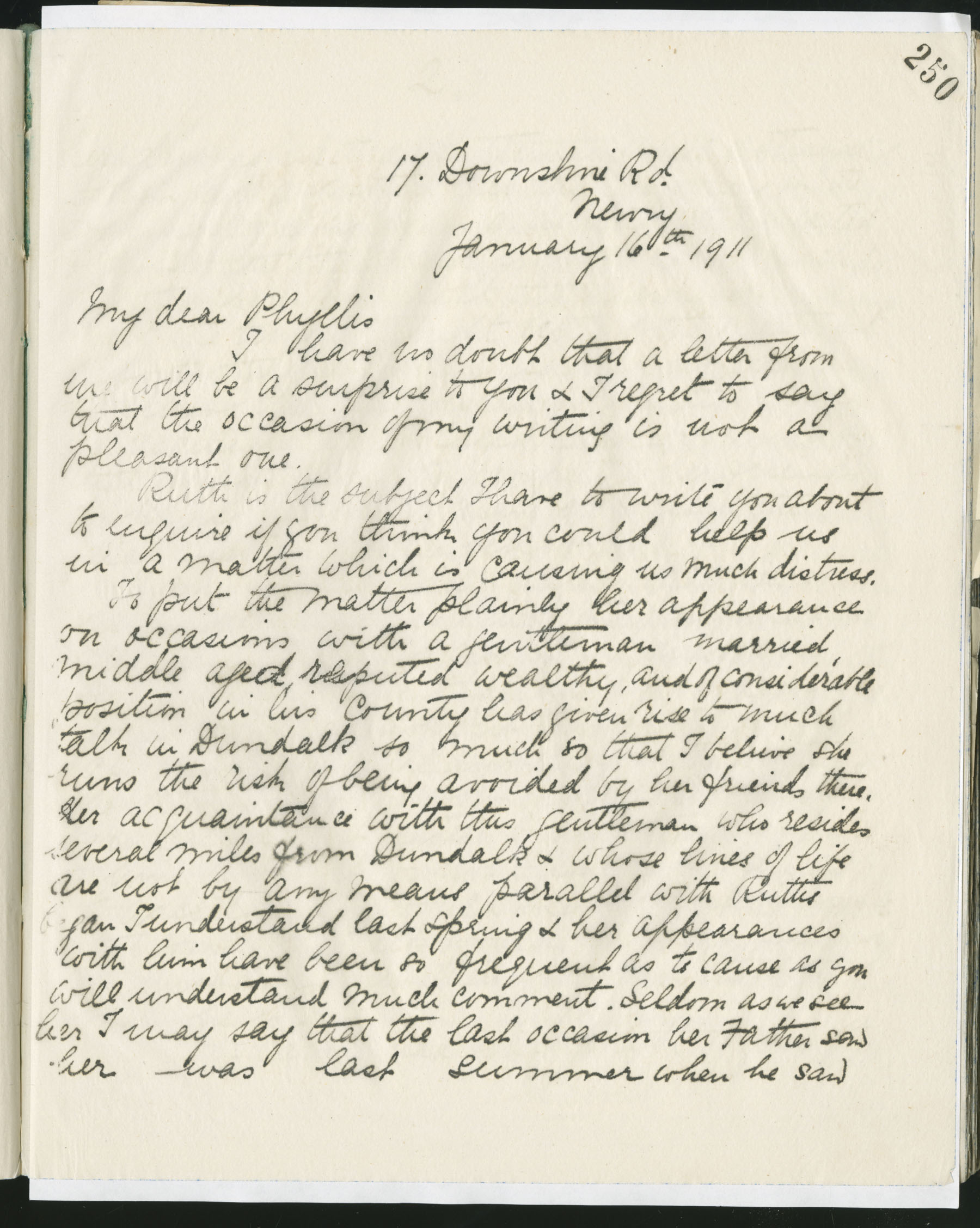 Carvill Letter Books, 1911, page 250-253 - Letter from Elizabeth Carvill to Phyllis, dated 16 Jan 1911, pg 1 of 3.