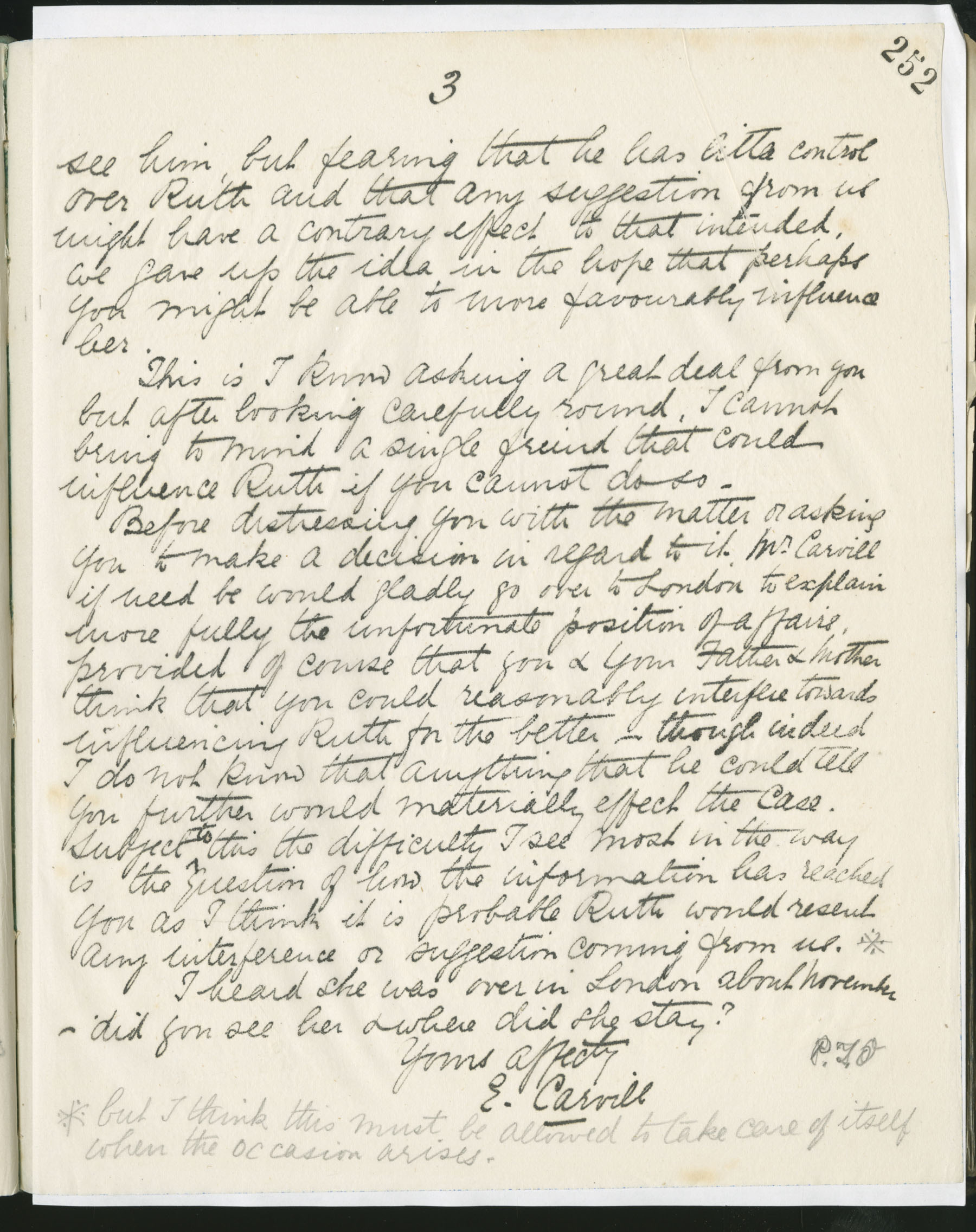 Carvill Letter Books, 1911, page 250-253 - Letter from Elizabeth Carvill to Phyllis, dated 16 Jan 1911, pg 3 of 3.