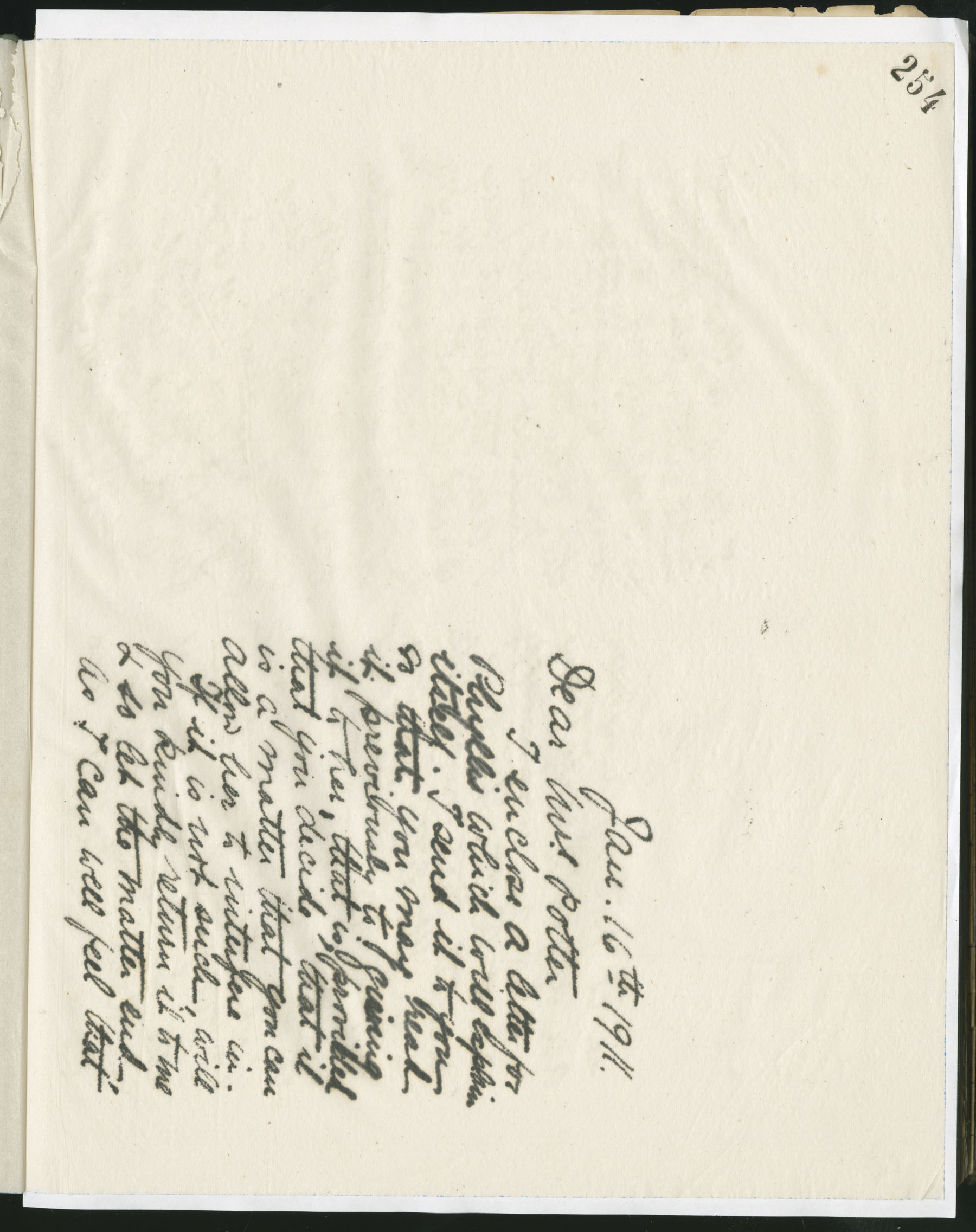 Carvill Letter Books, 1911, page 254-255 - Letter from Elizabeth Carvill to Mrs. Potter, dated 16 Jan 1911, pg 1 of 3.