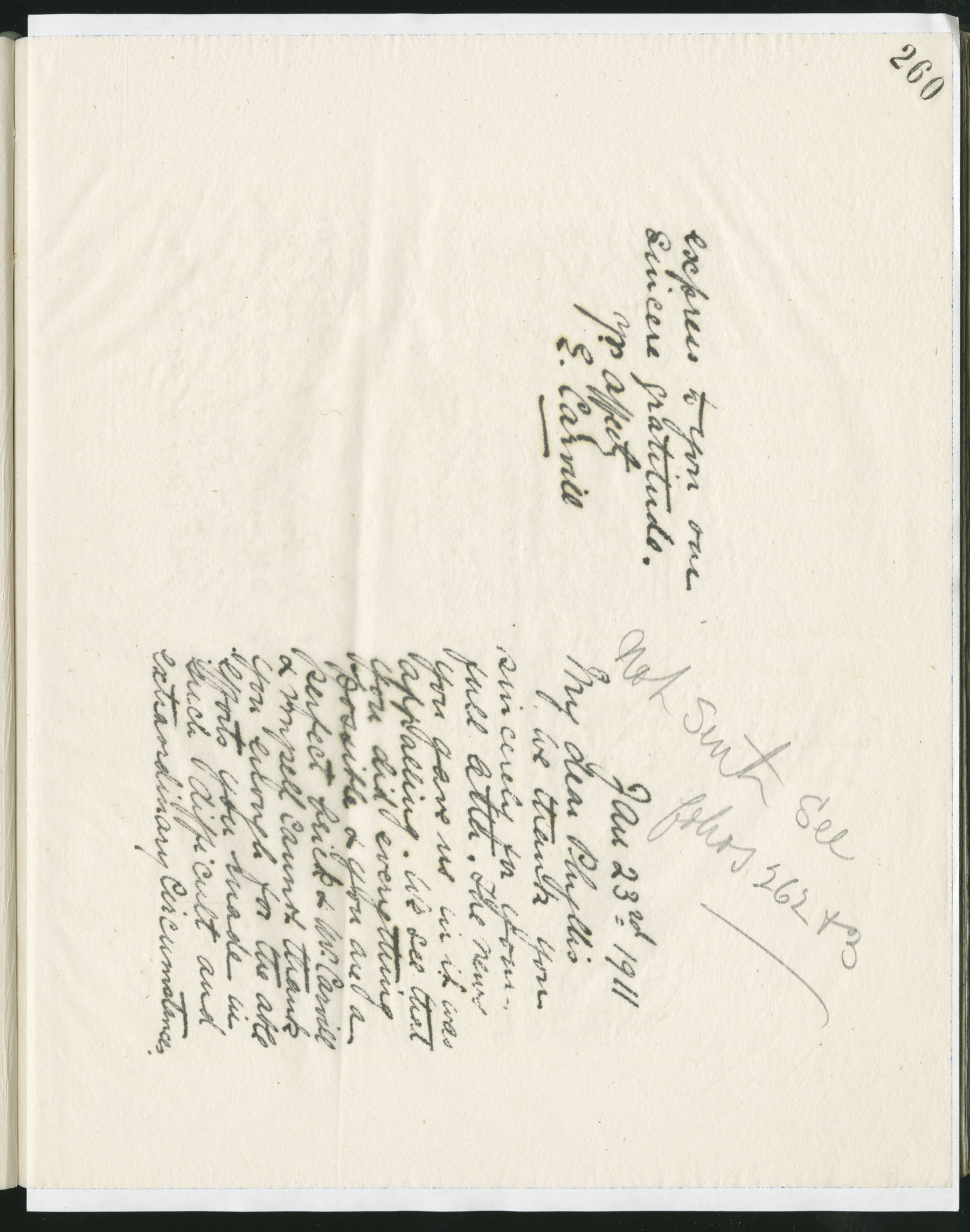 Carvill Letter Books, 1911, page 260-261 - Letter from Elizabeth Carvill to Phyllis, dated 23 Jan 1911, pg 1 &amp; 4 of 4. NOT SENT.