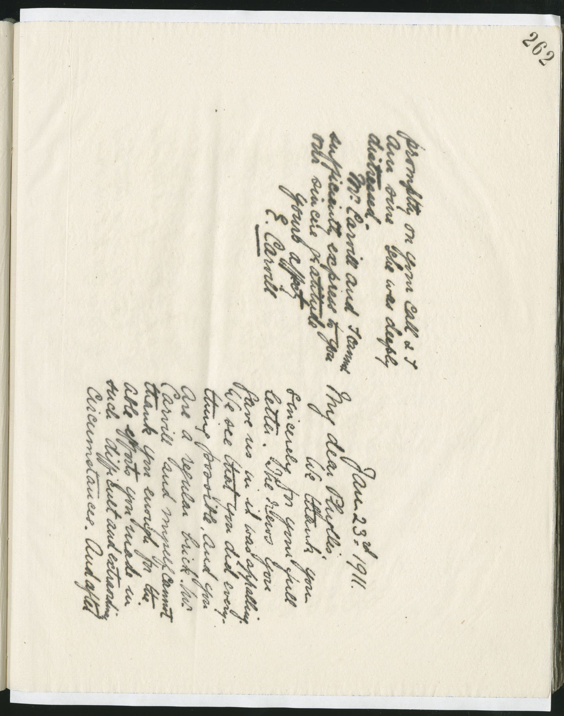 Carvill Letter Books, 1911, page 262-263 - Letter from Elizabeth Carvill to Phyllis, dated 23 Jan 1911, pg 1 &amp; 4 of 4.