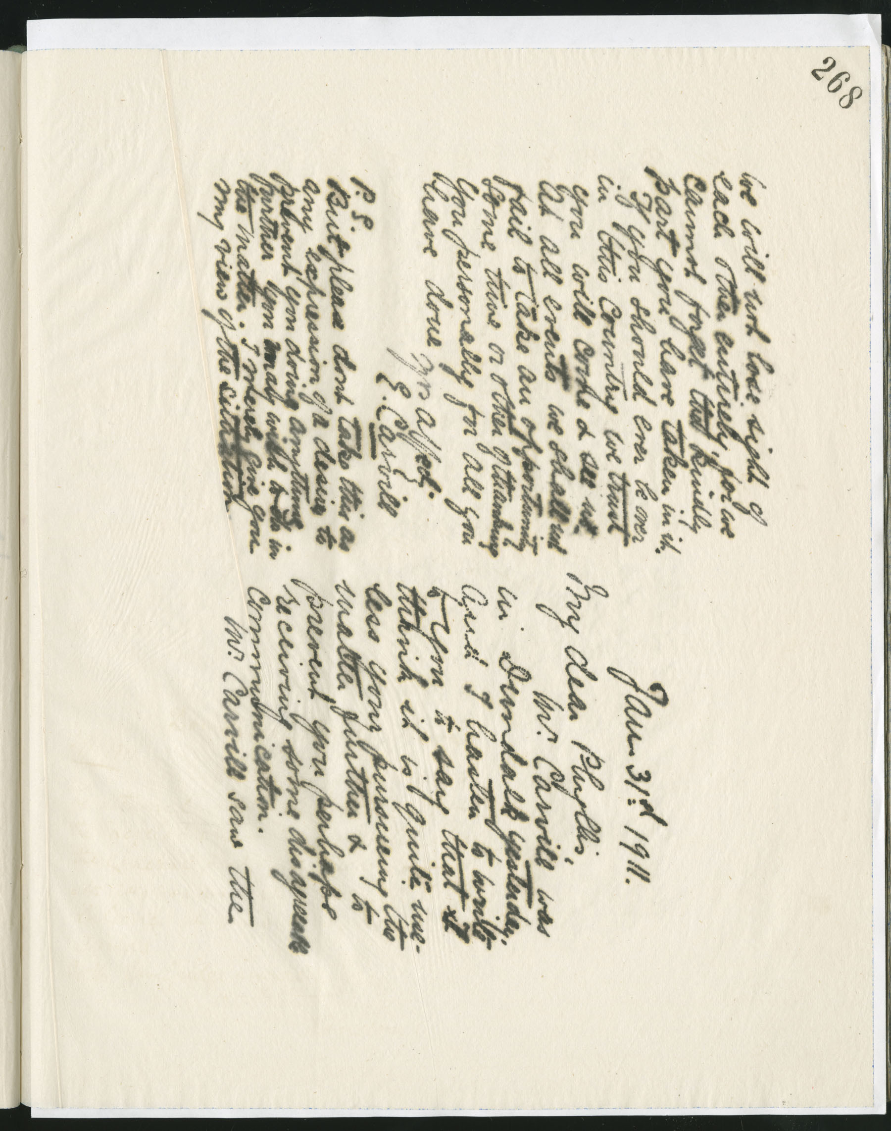 Carvill Letter Books, 1911, page 268-269 - Letter from Elizabeth Carvill to Phyllis, dated 31 Jan 1911, pg 1 &amp; 4 of 4.