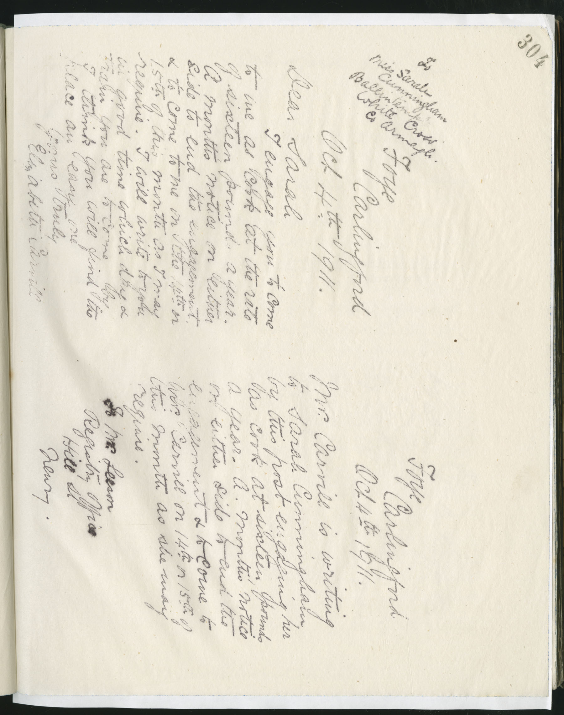 Carvill Letter Books, 1911, page 304 - Letter from Elizabeth Carvill to Sarah Cunningham, dated 14 Oct 1911