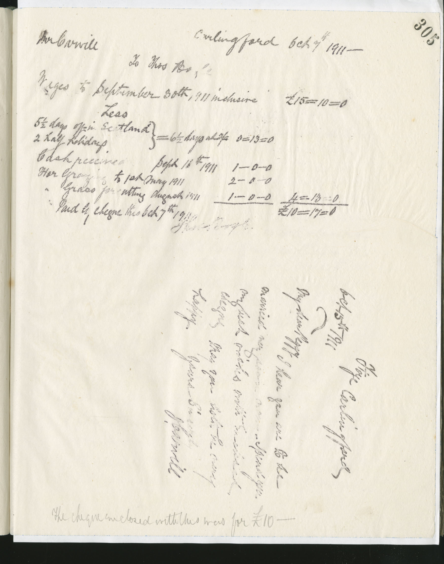 Carvill Letter Book, 1911, page 305 - bottom letter from J. Carvill to Peggy, dated 5 October 1911