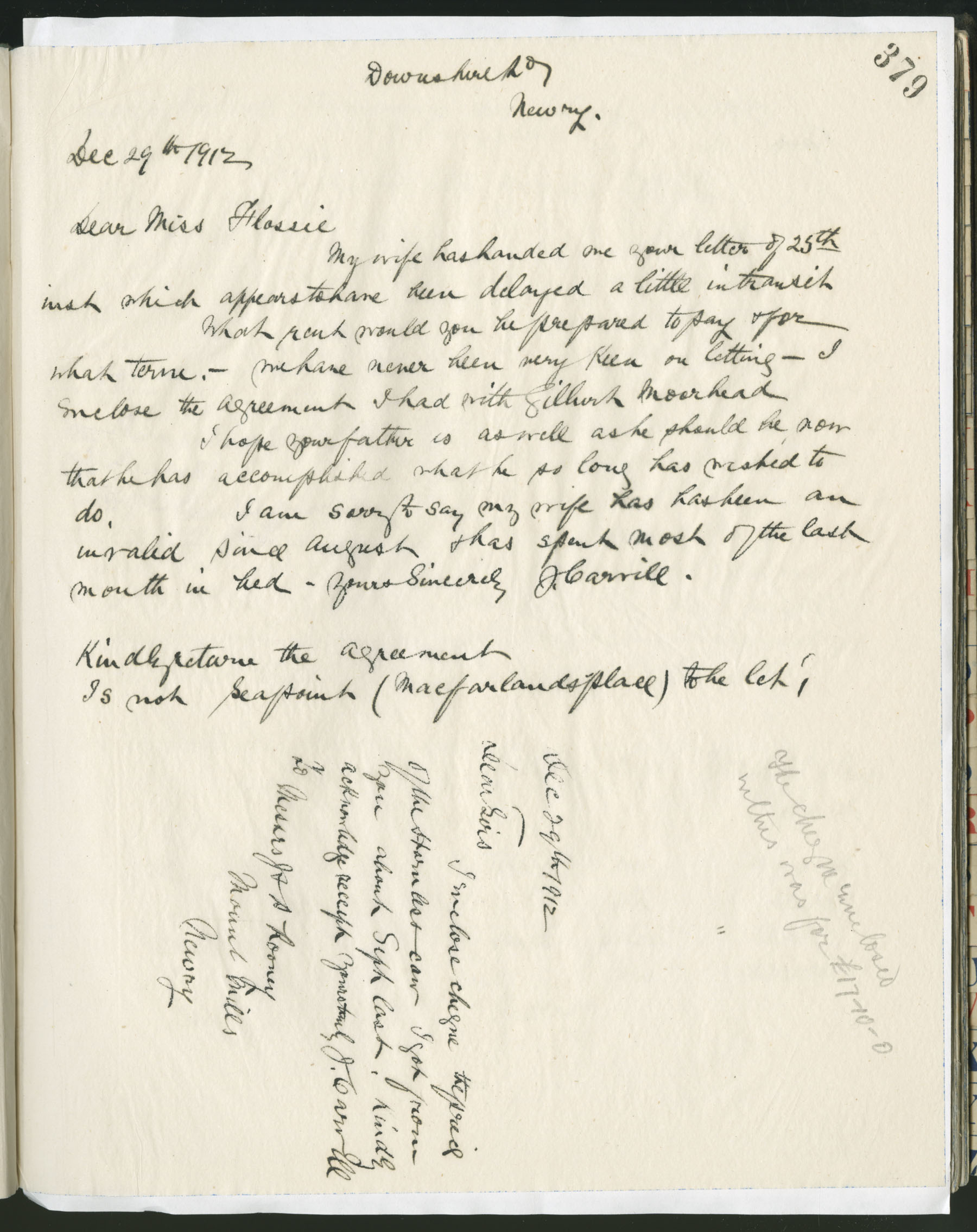 Carvill Letter Books, 1912, page 379 - Top letter from J Carvill to Flossie, dated 29 December 1912. (unrelated letter below)