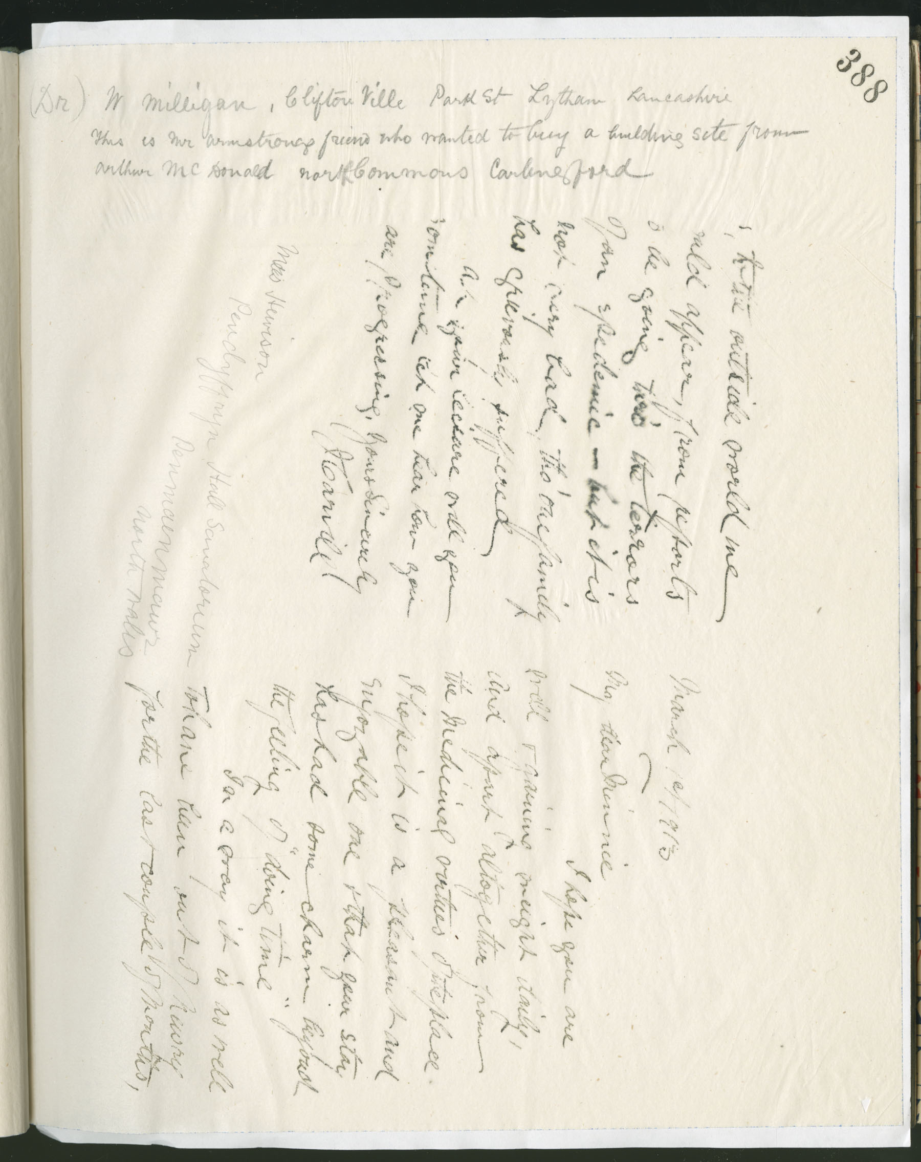 Carvill Letter Books, 1913, page 388 - Letter from J Carvill to Mrs Minnie Hewison, dated 1 March 1913. (unrelated note to side)