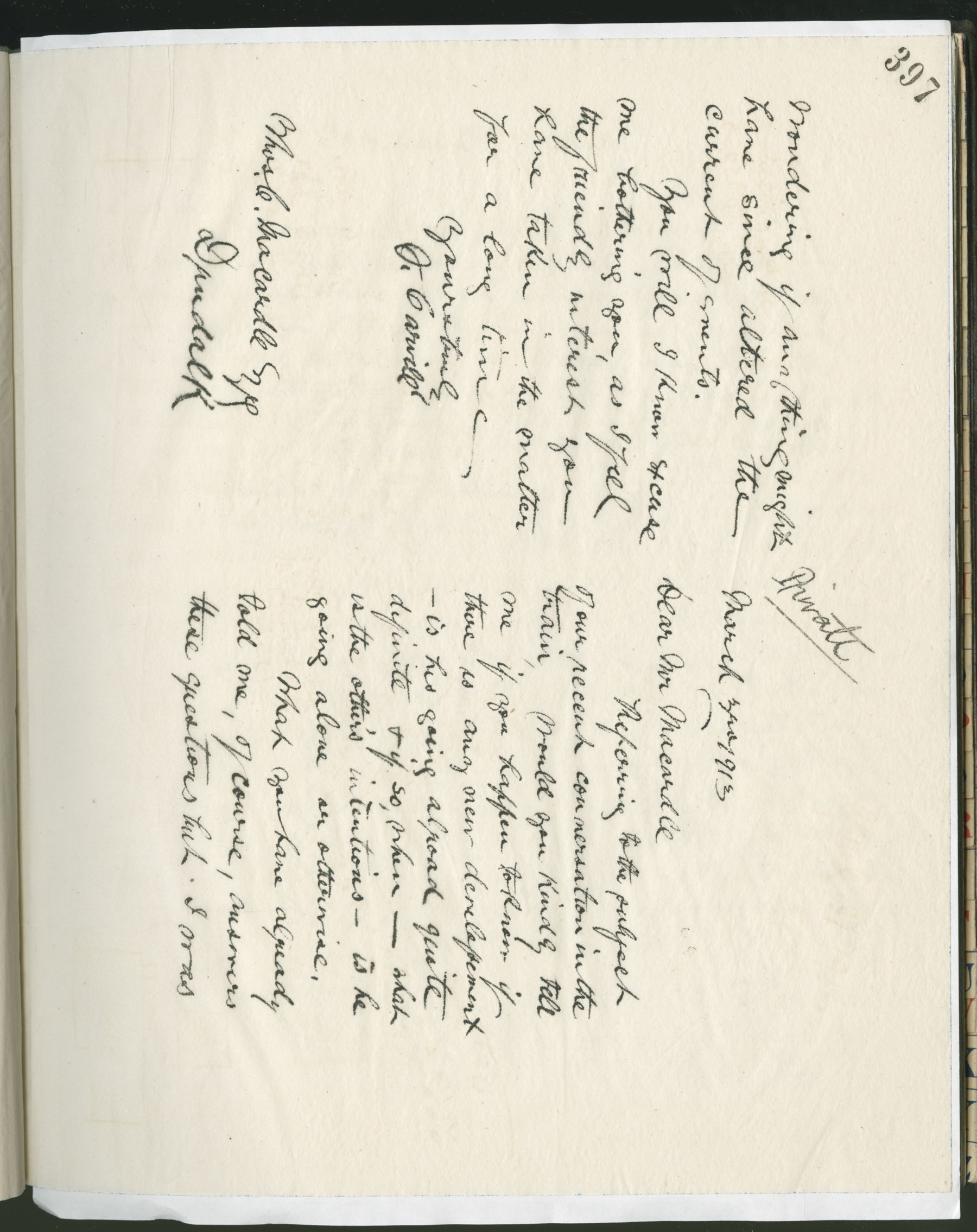 Carvill Letter Books, 1913, page 397 - Letter from J Carvill to Mr. Macardle, dated 3 March 1913.