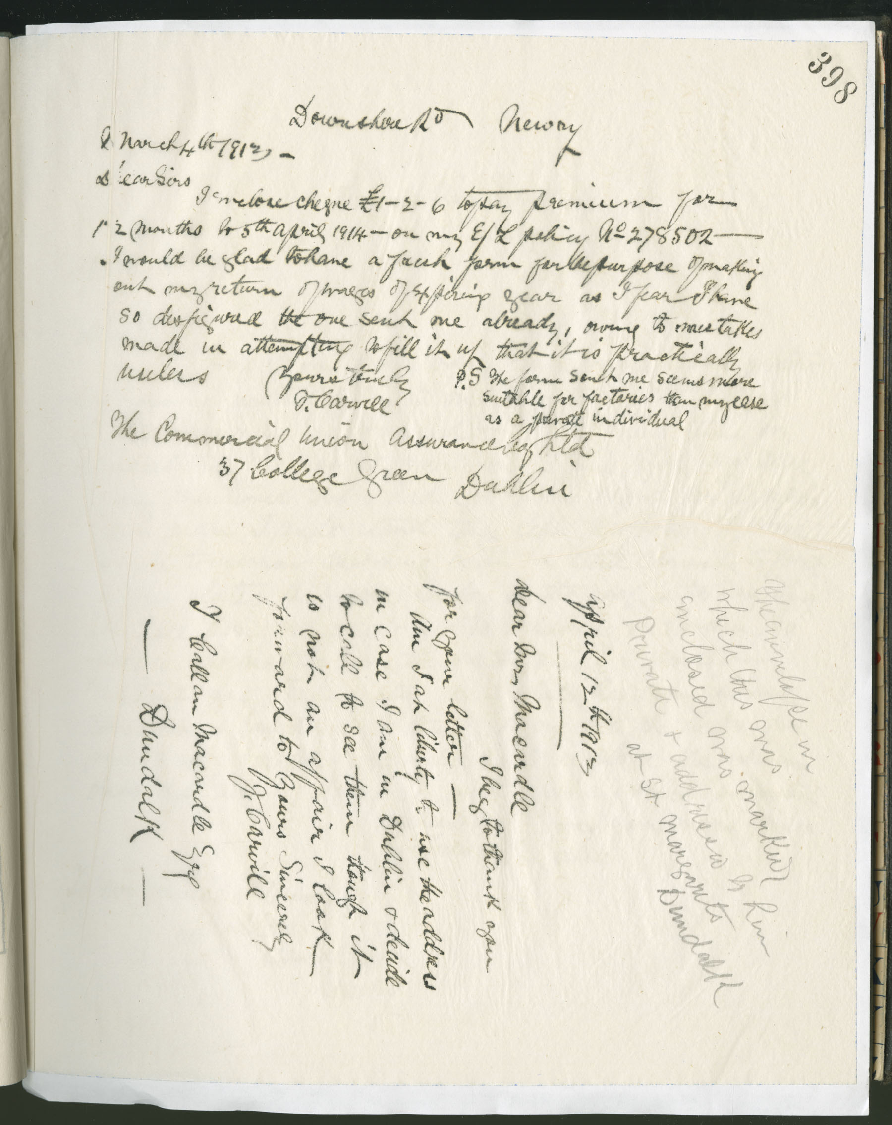 Carvill Letter Books, 1913, page 398 - Letter from J Carvill to Mr. Macardle, dated 12 April 1913. (bottom letter)