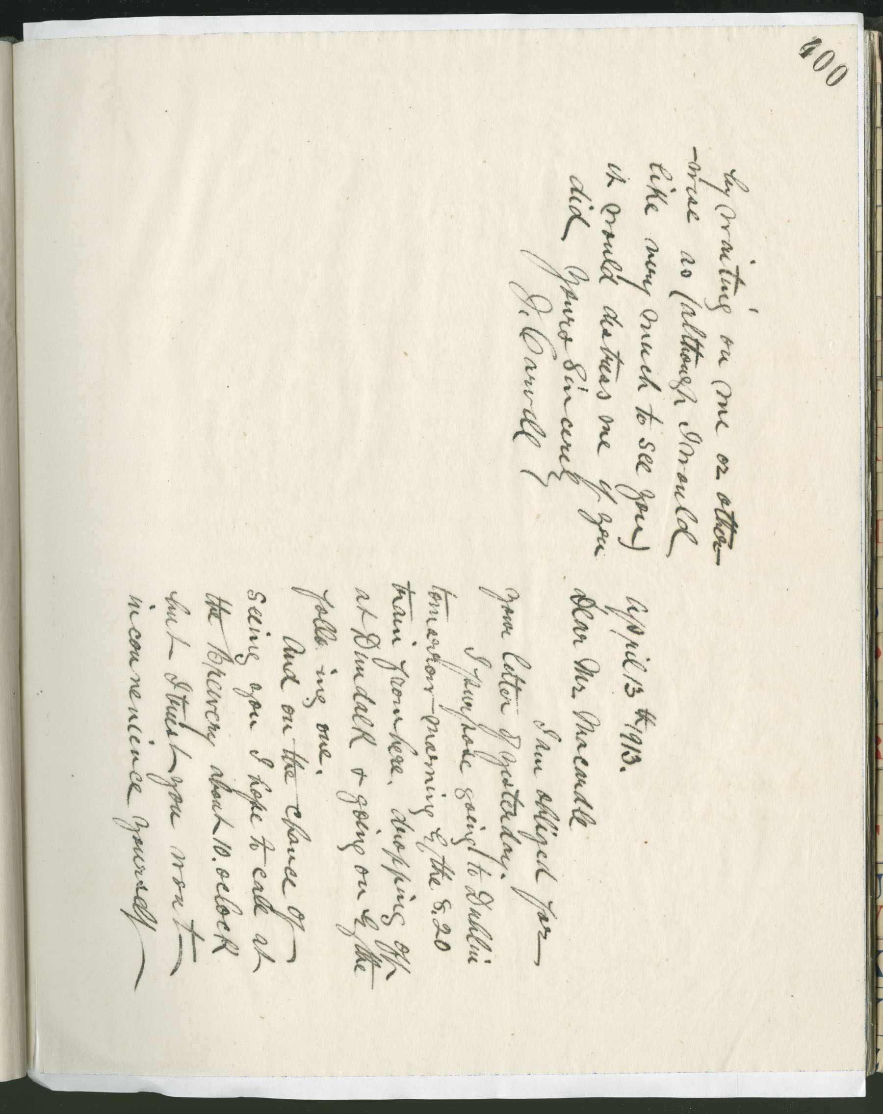 Carvill Letter Books, 1913, page 400 - Letter from J Carvill to Mr. Macardle, dated 13 April 1913.