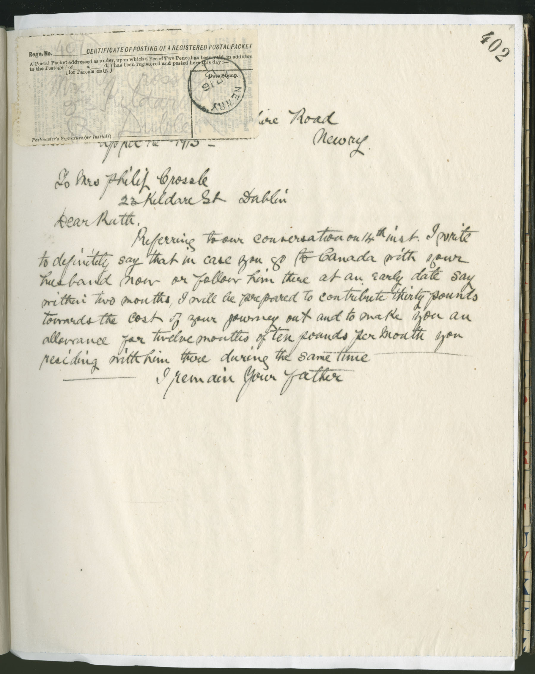 Carvill Letter Books, 1913, page 402 - Letter from J Carvill to his daughter, Ruth, dated 16 April 1913.