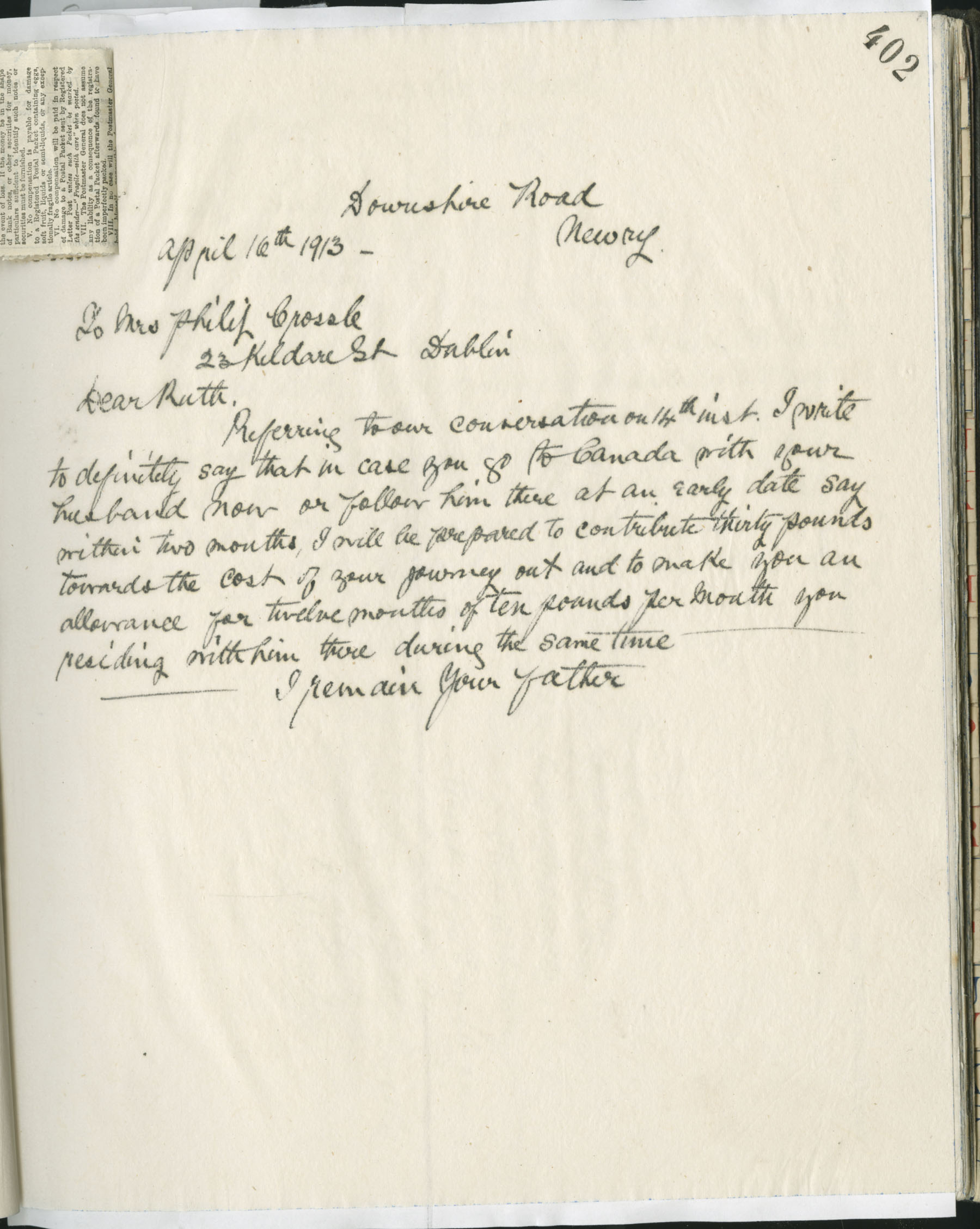 Carvill Letter Books, 1913, page 402 - Letter from J Carvill to his daughter, Ruth, dated 16 April 1913.