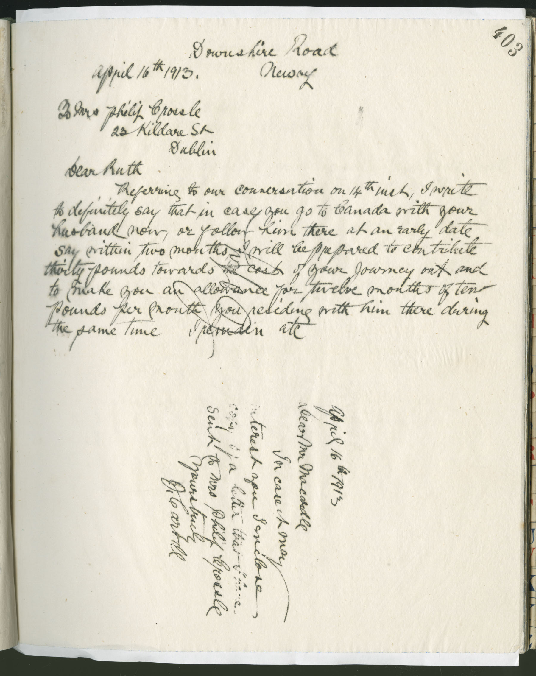 Carvill Letter Books, 1913, page 403 - Letter from J Carvill to Mr. Macardle, dated 16 April 1913.