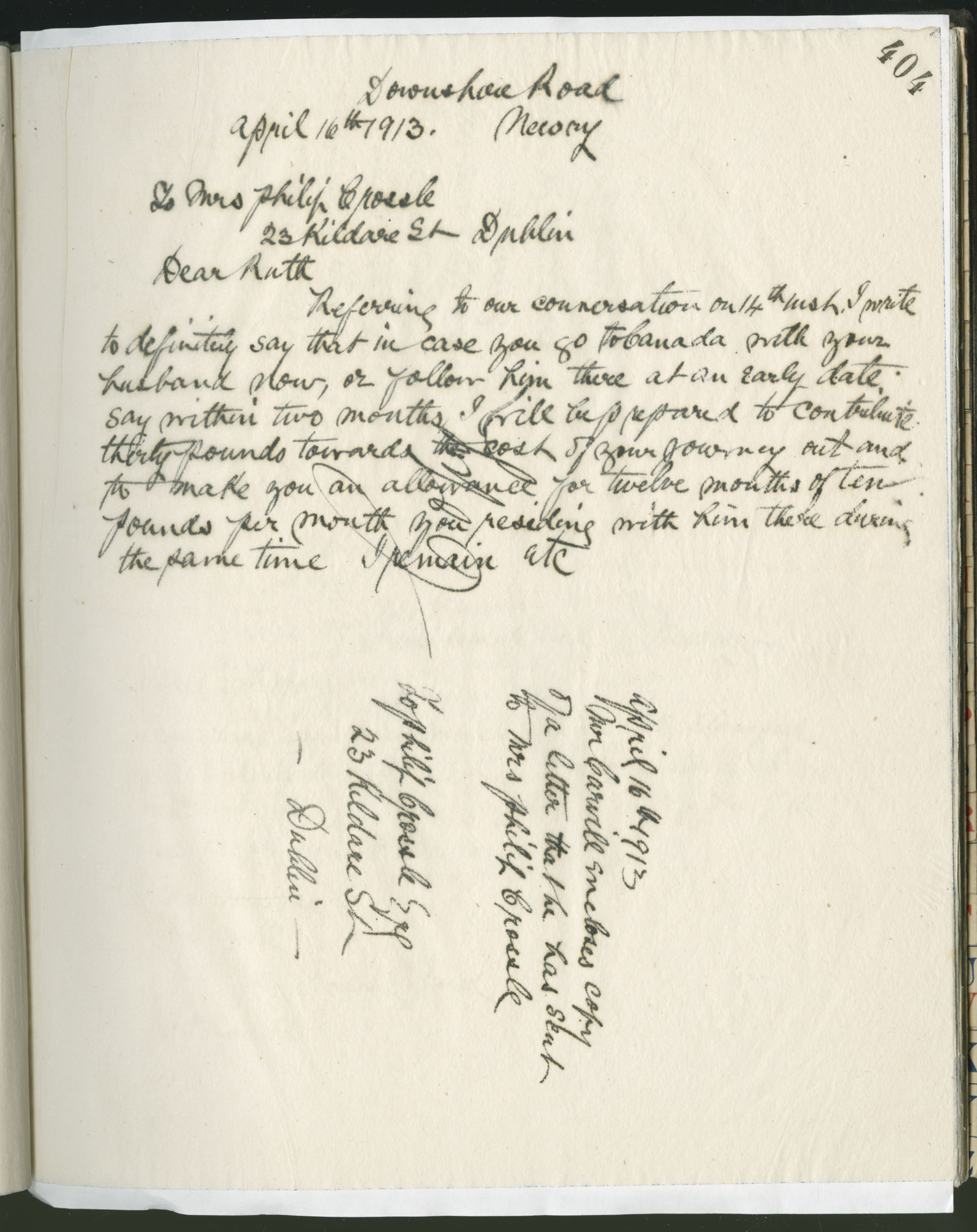 Carvill Letter Books, 1913, page 404 - Letter from J Carvill to Philip Crossle, dated 16 April 1913.