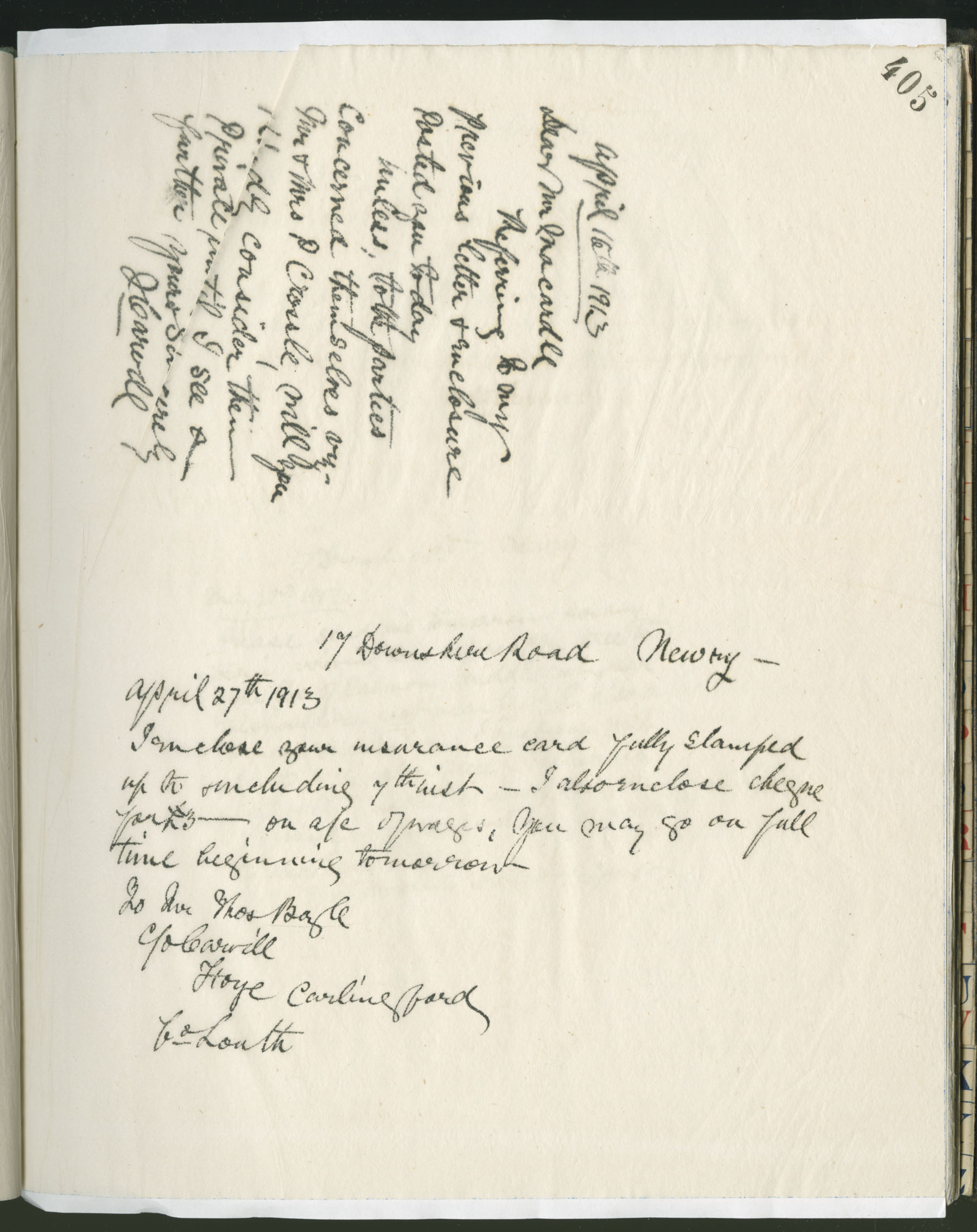 Carvill Letter Books, 1913, page 405 - Letter from J Carvill to Mr. Macardle, dated 16 April 1913. (top letter only)