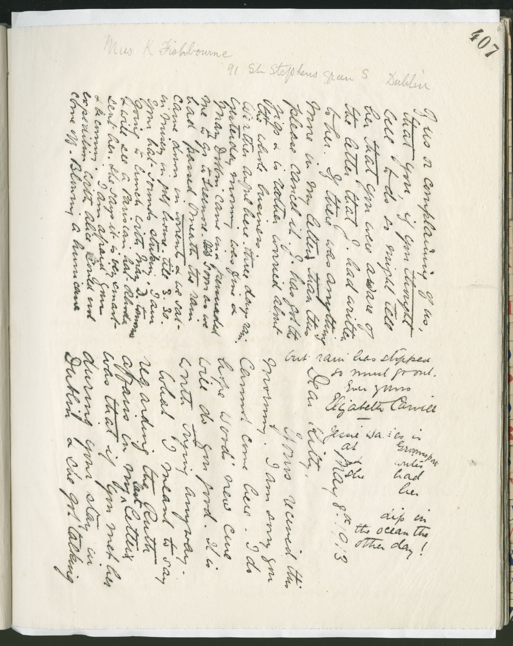 Carvill Letter Books, 1913, page 407 - Letter from Elizabeth Carvill to Mrs. Kitty Fishbourne, dated 8 May 1913.