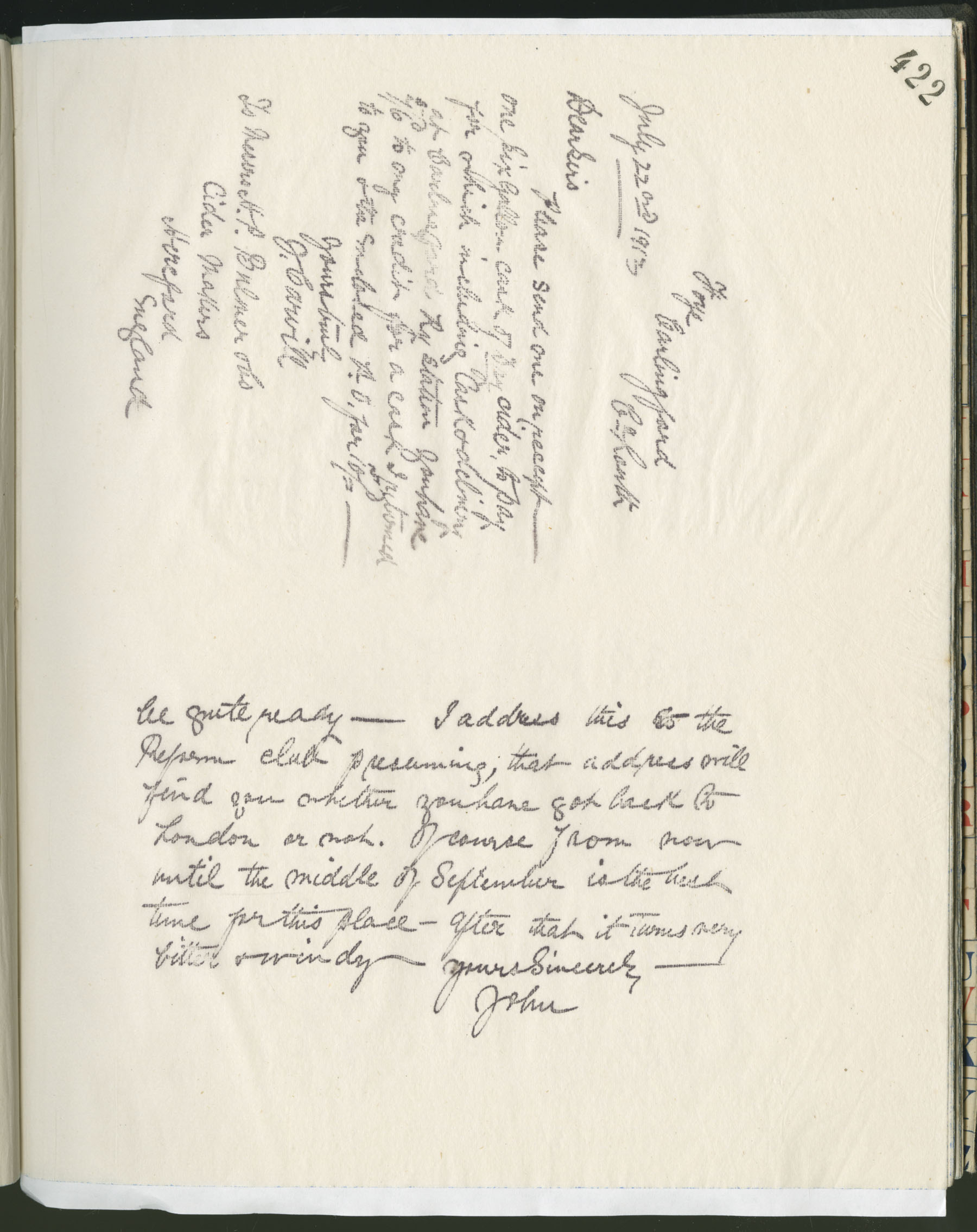 Carvill Letter Books, 1913, page 422-423 - Letter from J Carvill to Patrick, dated 25 July 1913 - page 2 of 2 (bottom of this page).