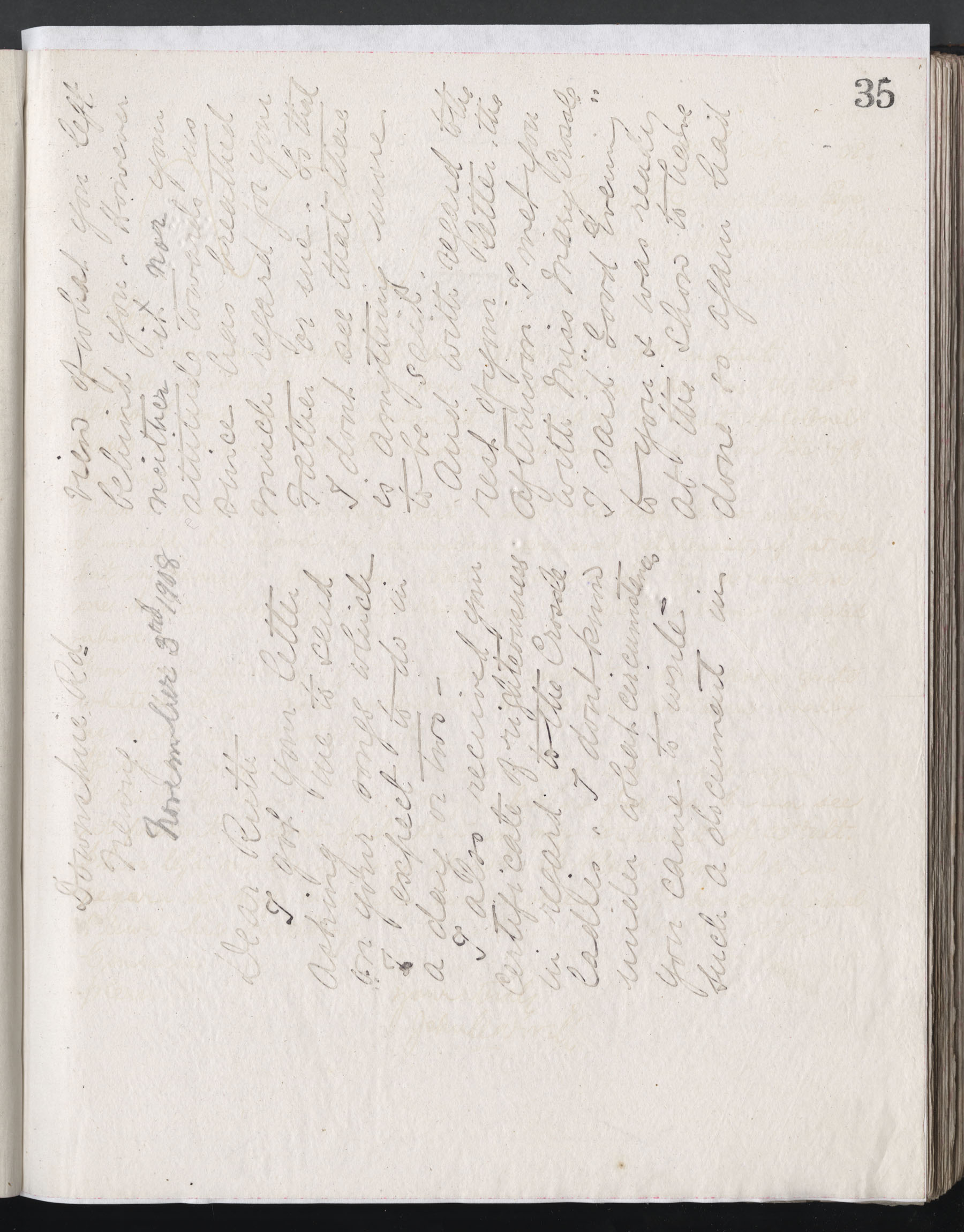 Carvill Letter Book, page 35 - Letter from Elizabeth Martin Carvill to her daughter Ruth Martin Carvill, dated 3 Nov 1908, (end continues in next page)