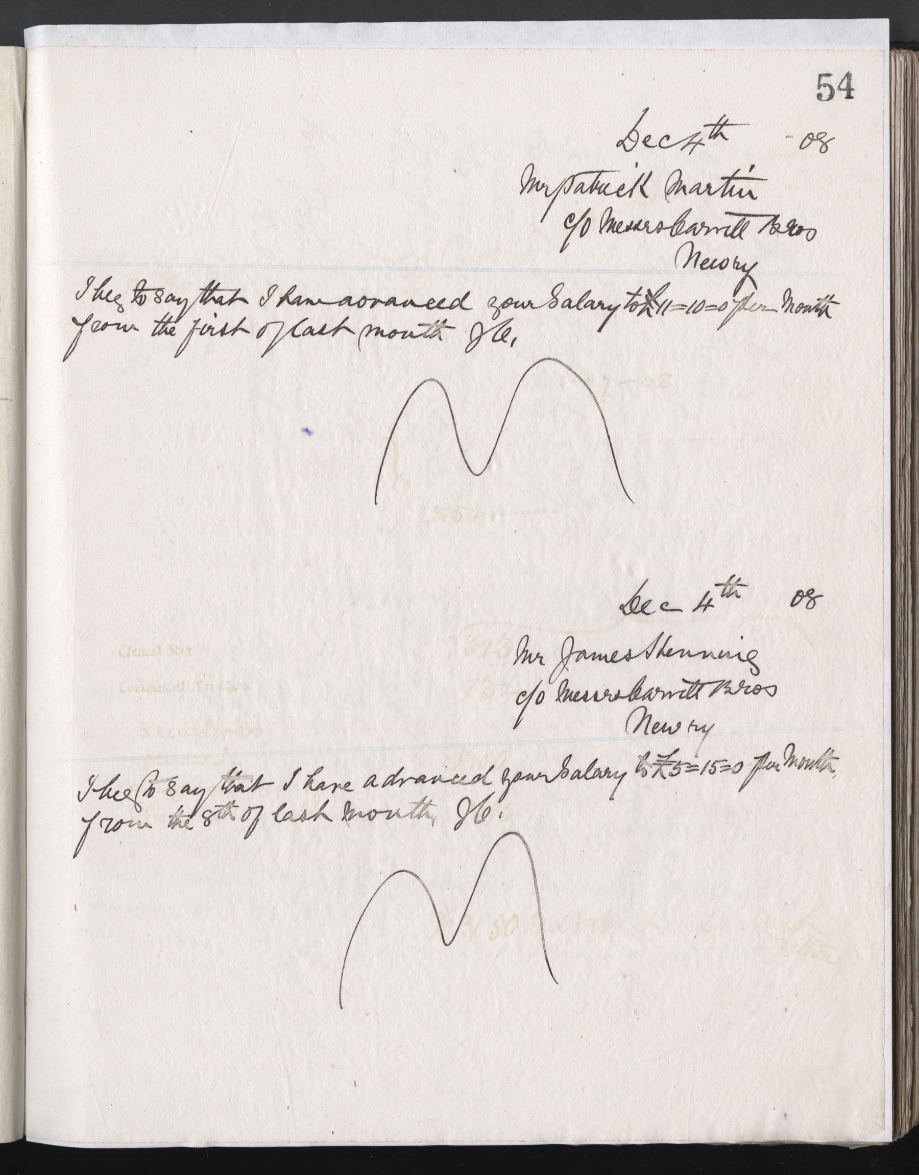 Carvill Letter Book, page 54 - 2 letters to employees dated 4 Dec 1908.