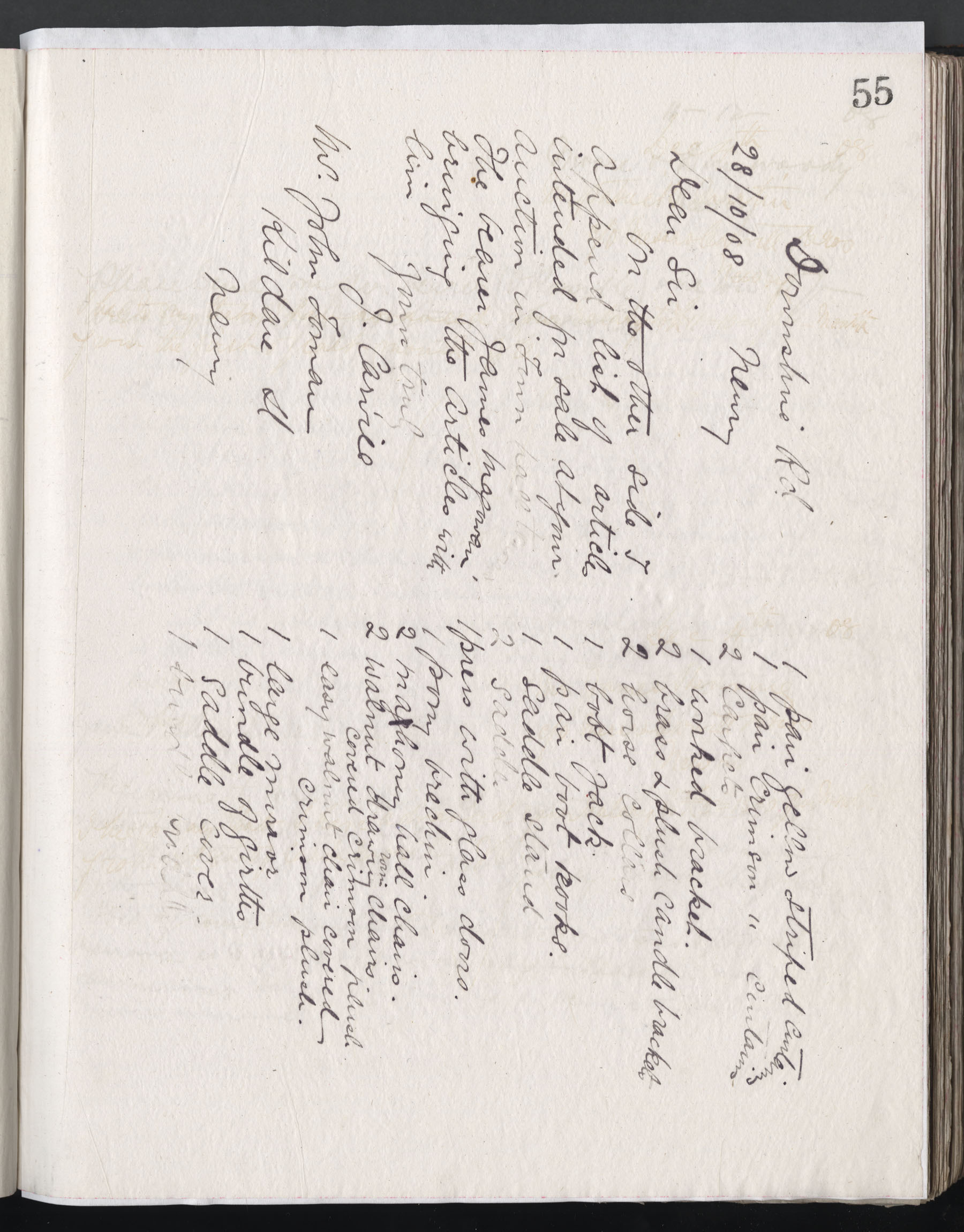 Carvill Letter Book, page 55, Letter to auctioneer with list of items for sale, dated 28 Oct 1908