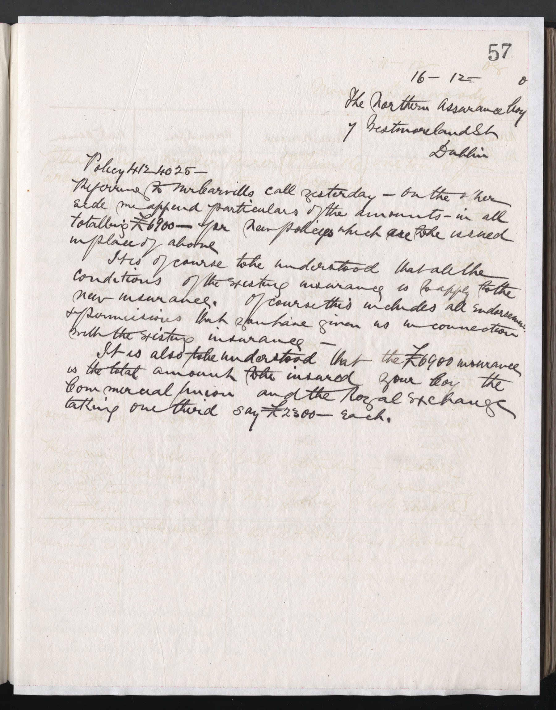 Carvill Letter Book, page 57 - Insurance letter dated 16 December 1908.