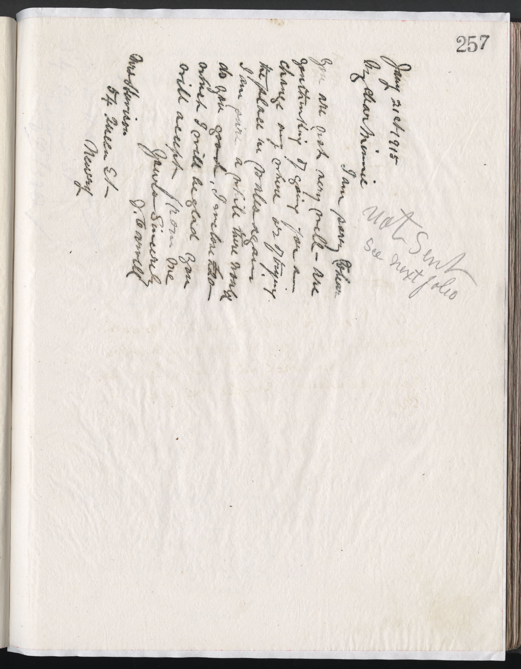 Carvill letter book, page 257, letter to Mrs. Minnie Harrison from Carvill, dated 21 January 1915. (not sent)