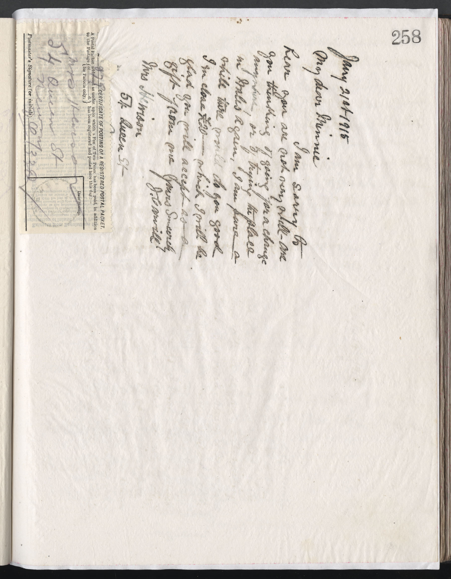 Carvill letter book, page 258 (2nd time) - includes postal packet certificate., dated 21 Jan 1915