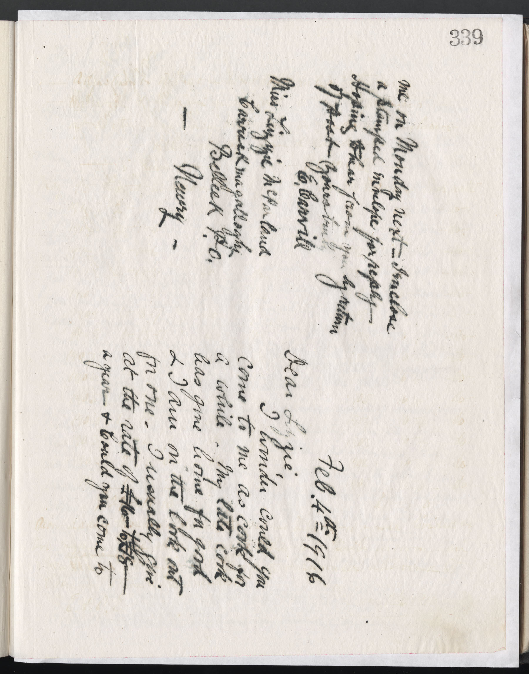 Carvill Letter Books, page 339 - Letter from E. Carvill to Lizzie McParland, dated 4 Feb 1916