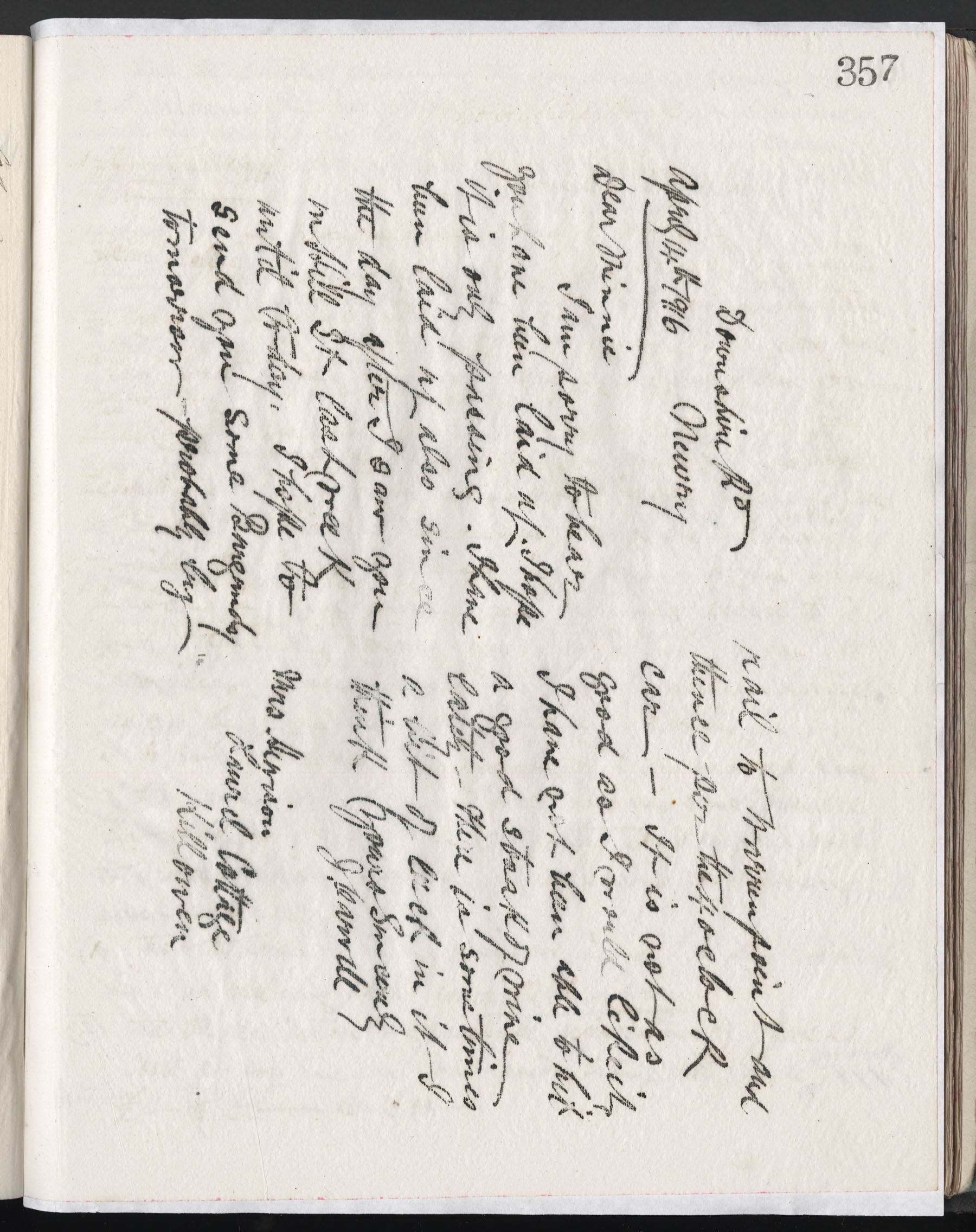 Carvill Letter Book, page 357 - Letter from J. Carvill to Minnie (Mrs. Harison), dated 14 Apr 1916