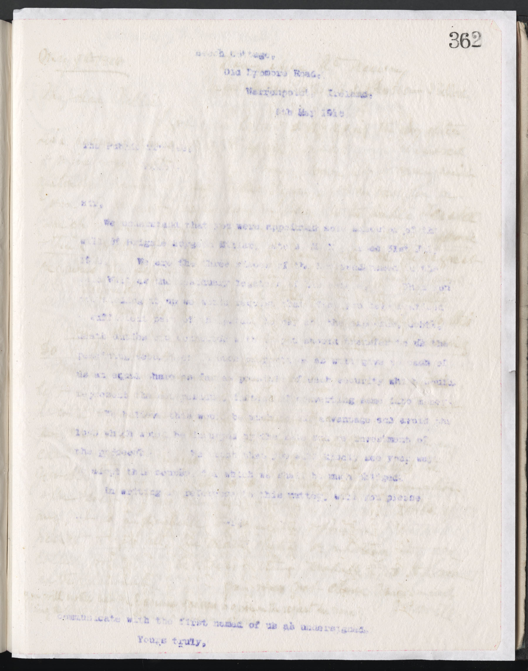 Carvill Letter Book, page 362 - completely unreadable 1916 typed letter.