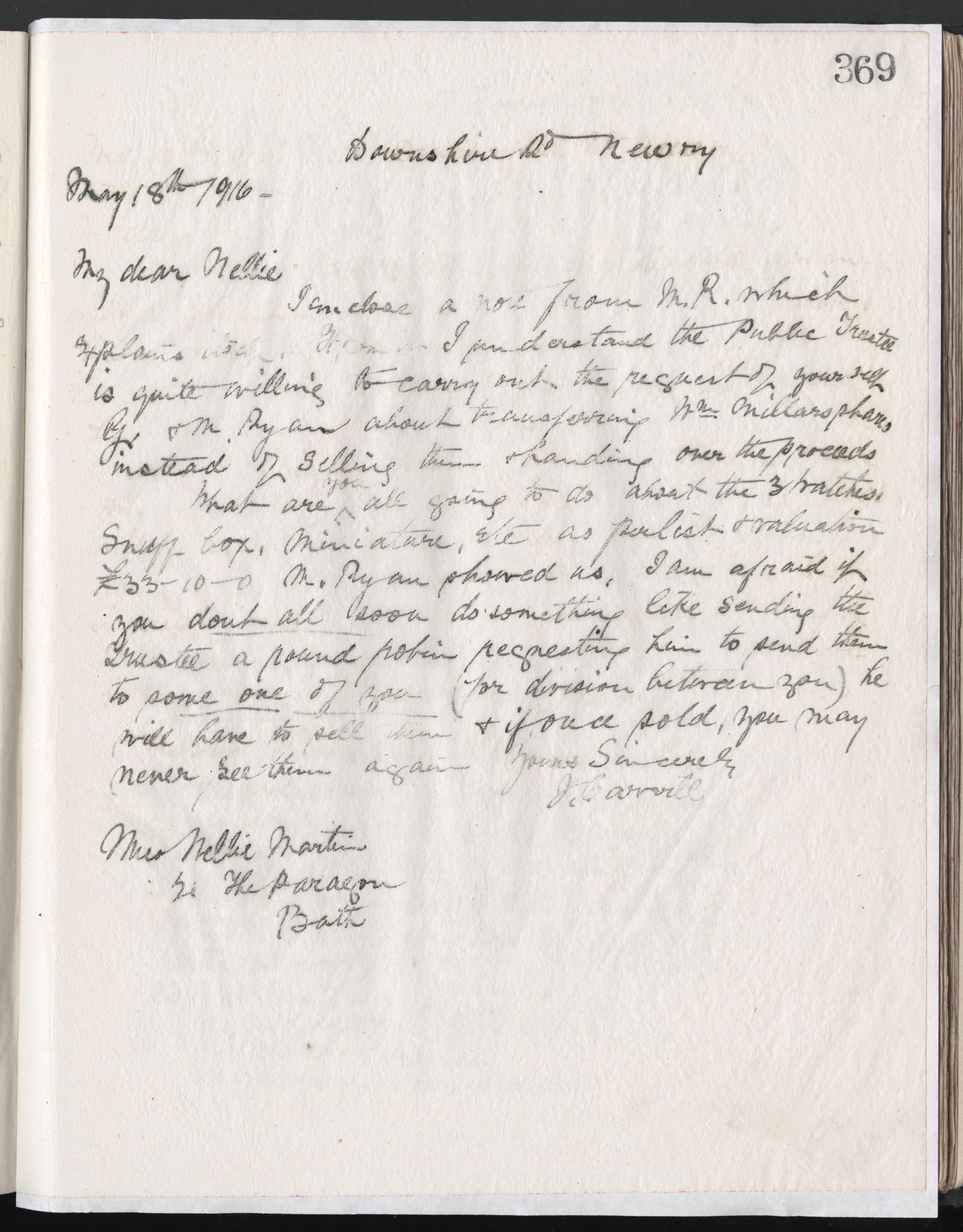 Carvill Letter Book, page 369 - Letter from J. Carvill to Nellie Martin, 18 May 1916