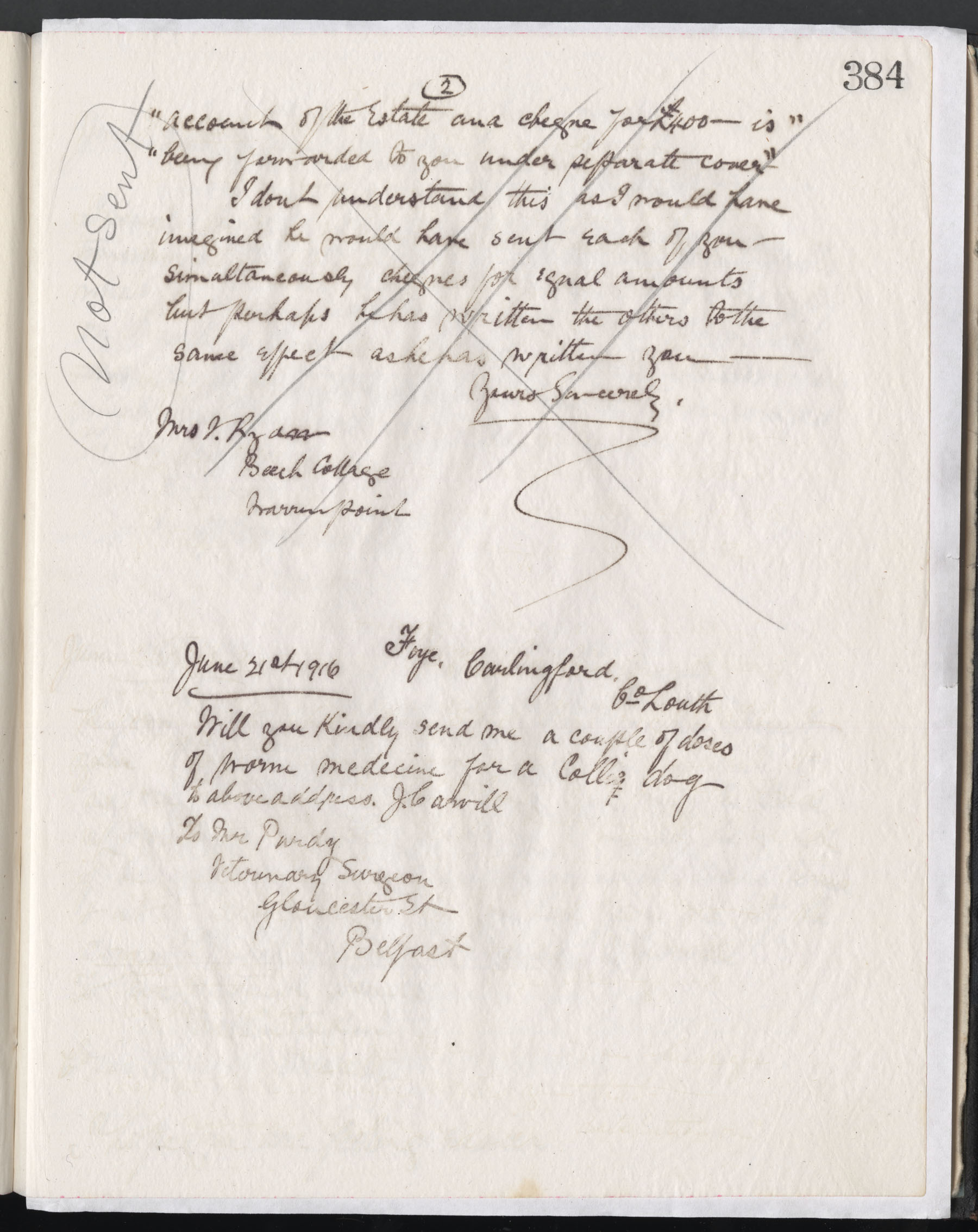 Carvill letter book, pages 383-384 - letter NOT SENT to Nellie from J. Carvill, 21 June 1916 - 2nd page