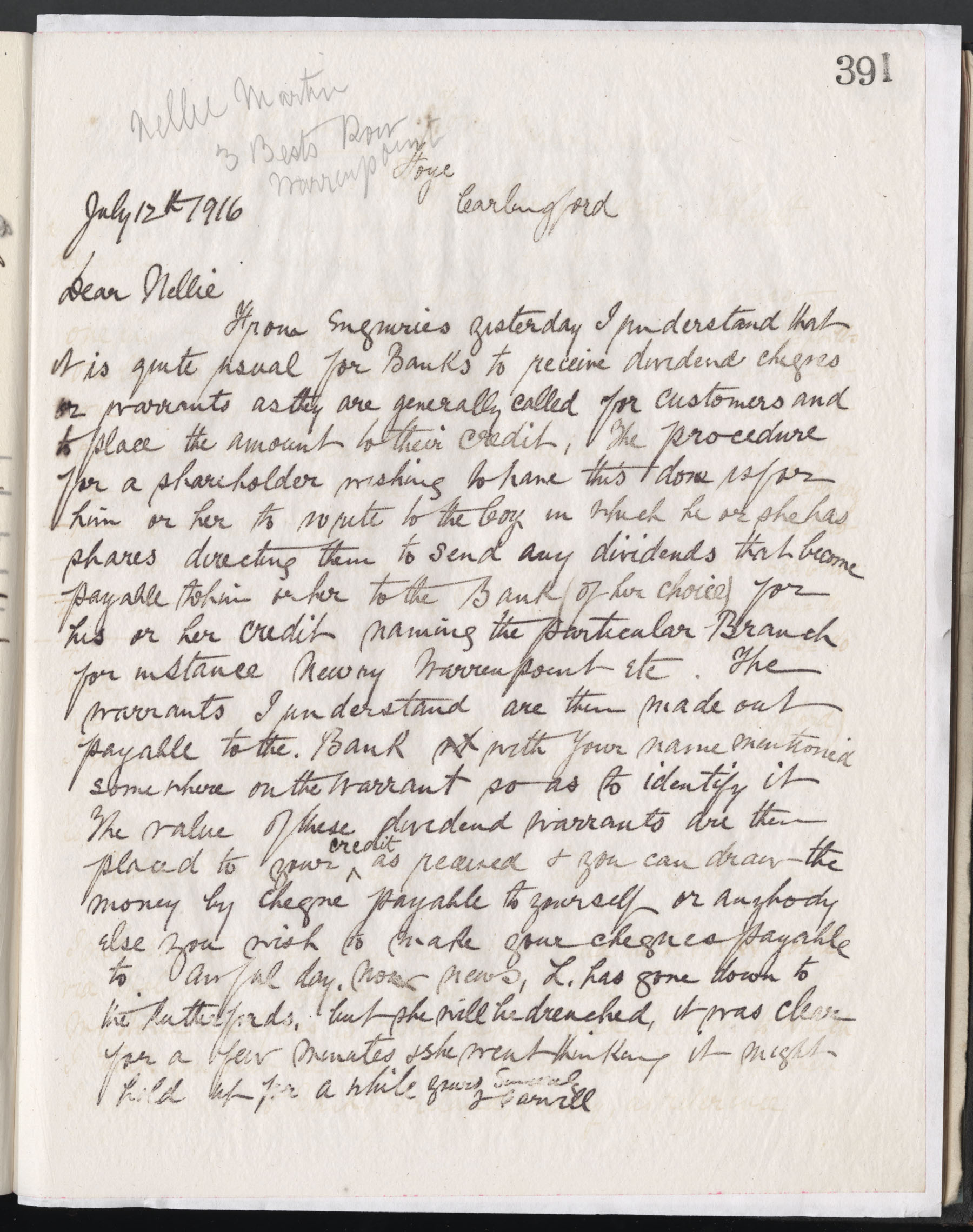 Carvill Letter book, page 391 - Letter from J. Carvill to Nellie Martin, 12 July 1916