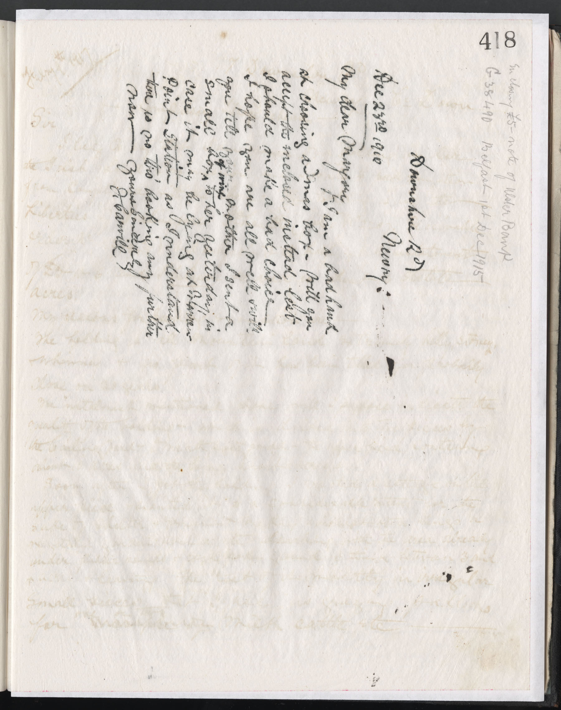 Carvill Letter Book, page 418 - Letter from J. Carvill to Marjory, 23 Dec 1916.