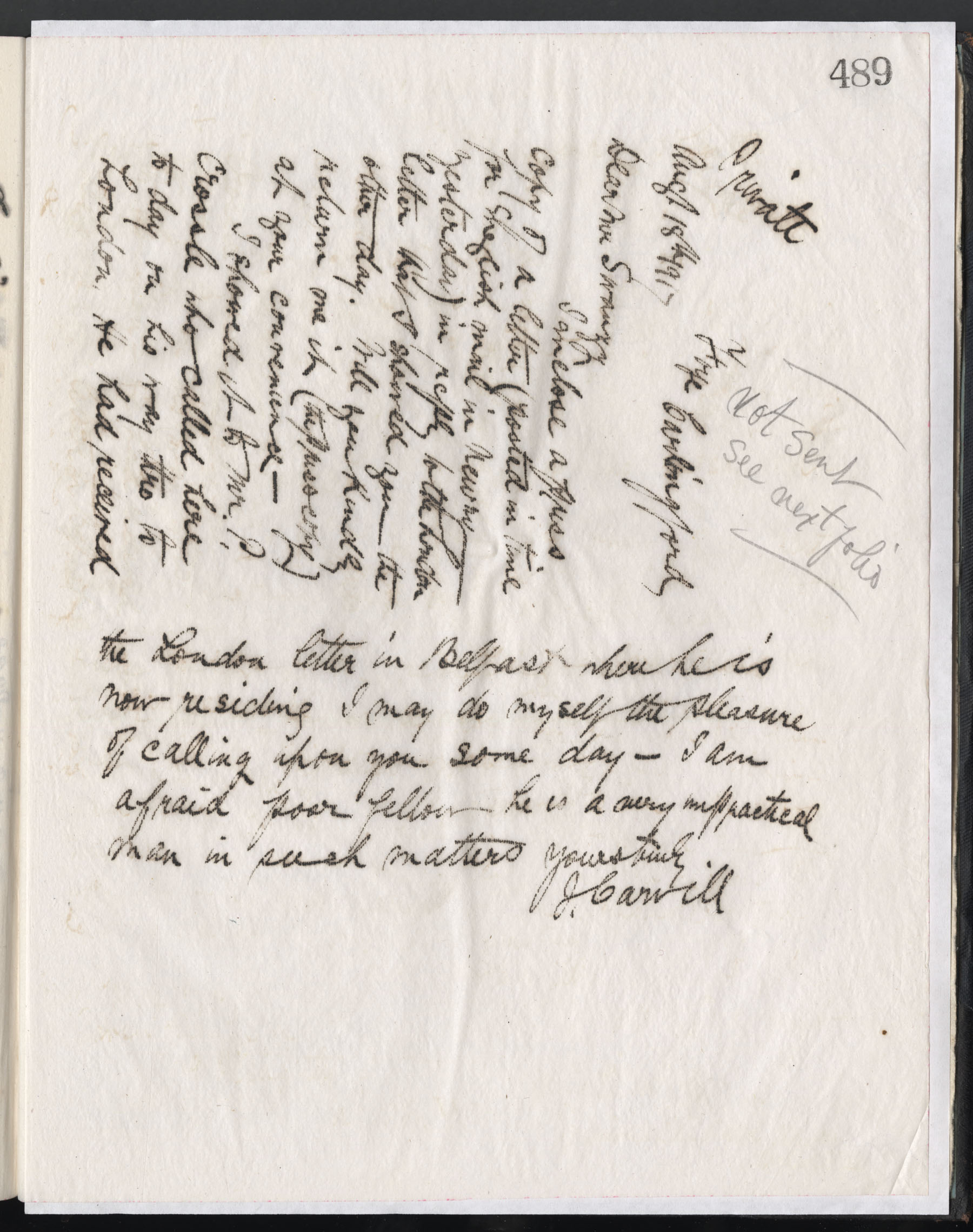 Carvill Letter Book, page 489 - Letter from J. Carvill to Mr. Swanzy (Vicar) marked "Private", 18 Aug 1917