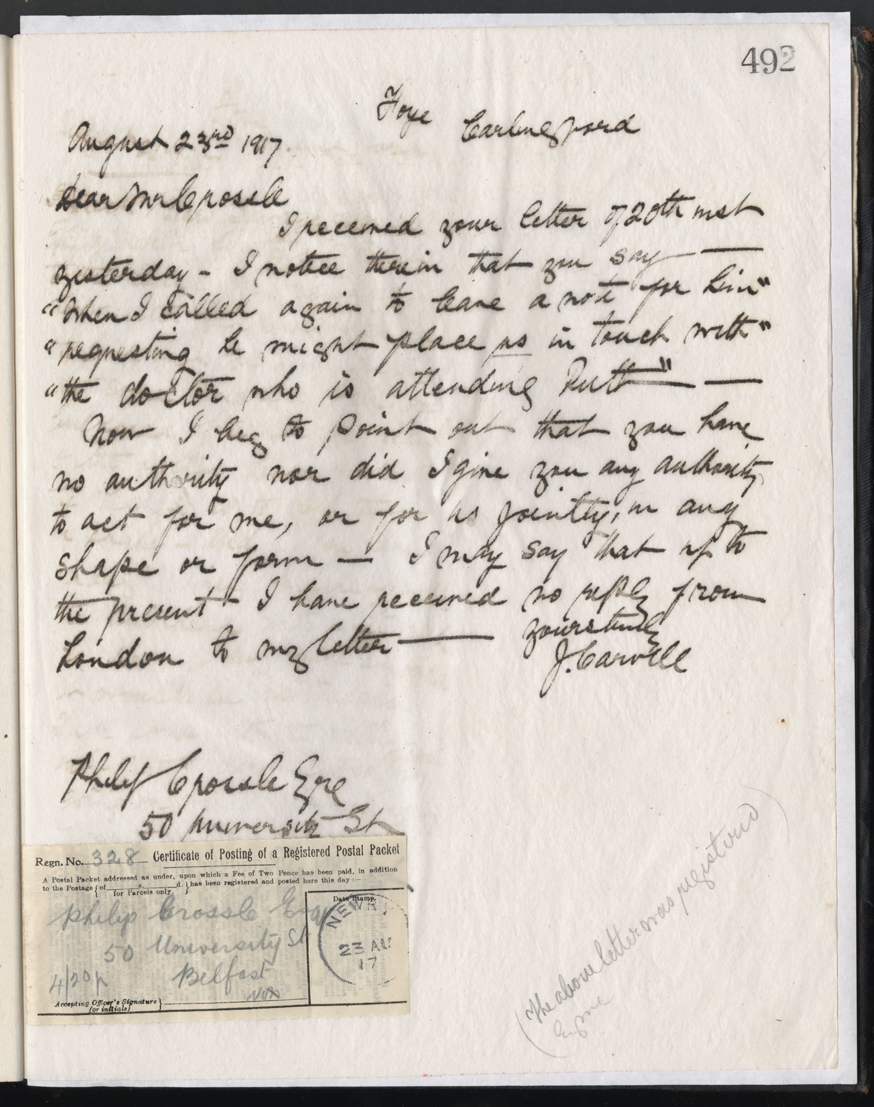 Carvill Letter Book, page 492 - Letter from J. Carvill to Philip Crossle, 23 August 1917