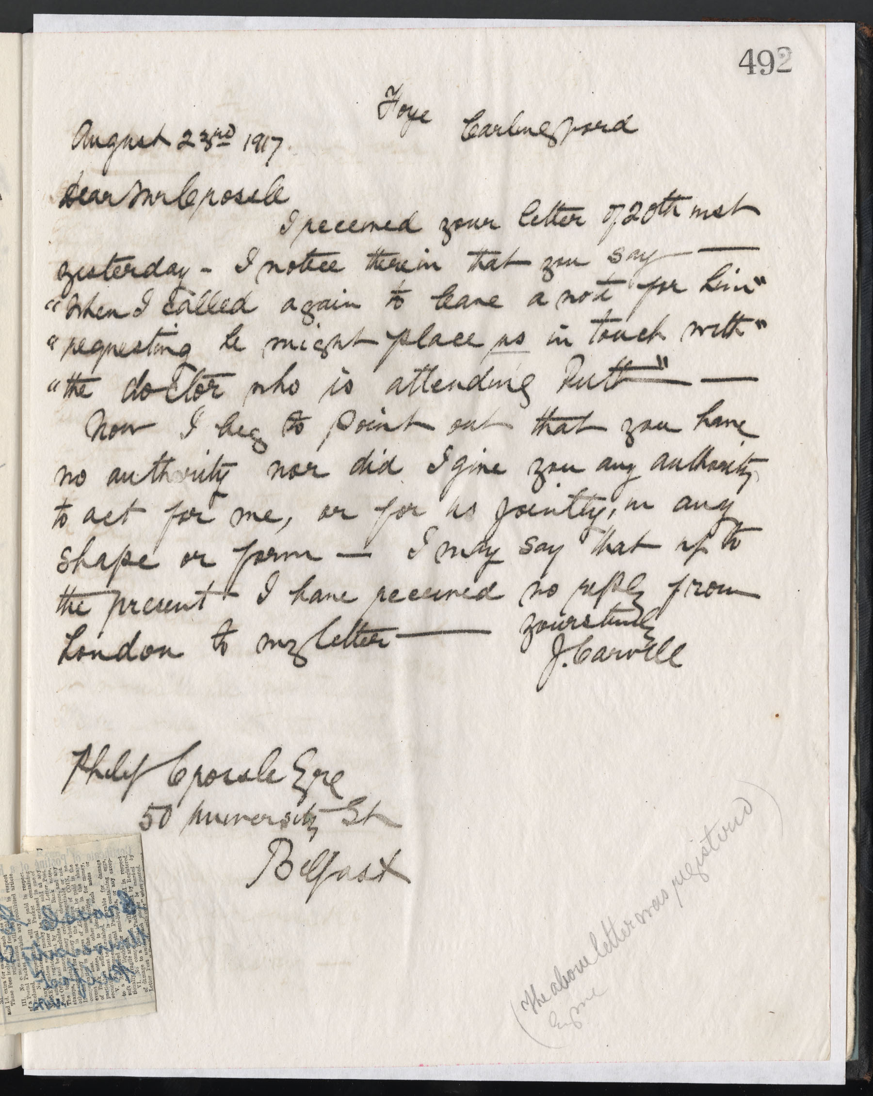 Carvill Letter Book, page 492 - Letter from J. Carvill to Philip Crossle, 23 August 1917 (showing registered receipt)