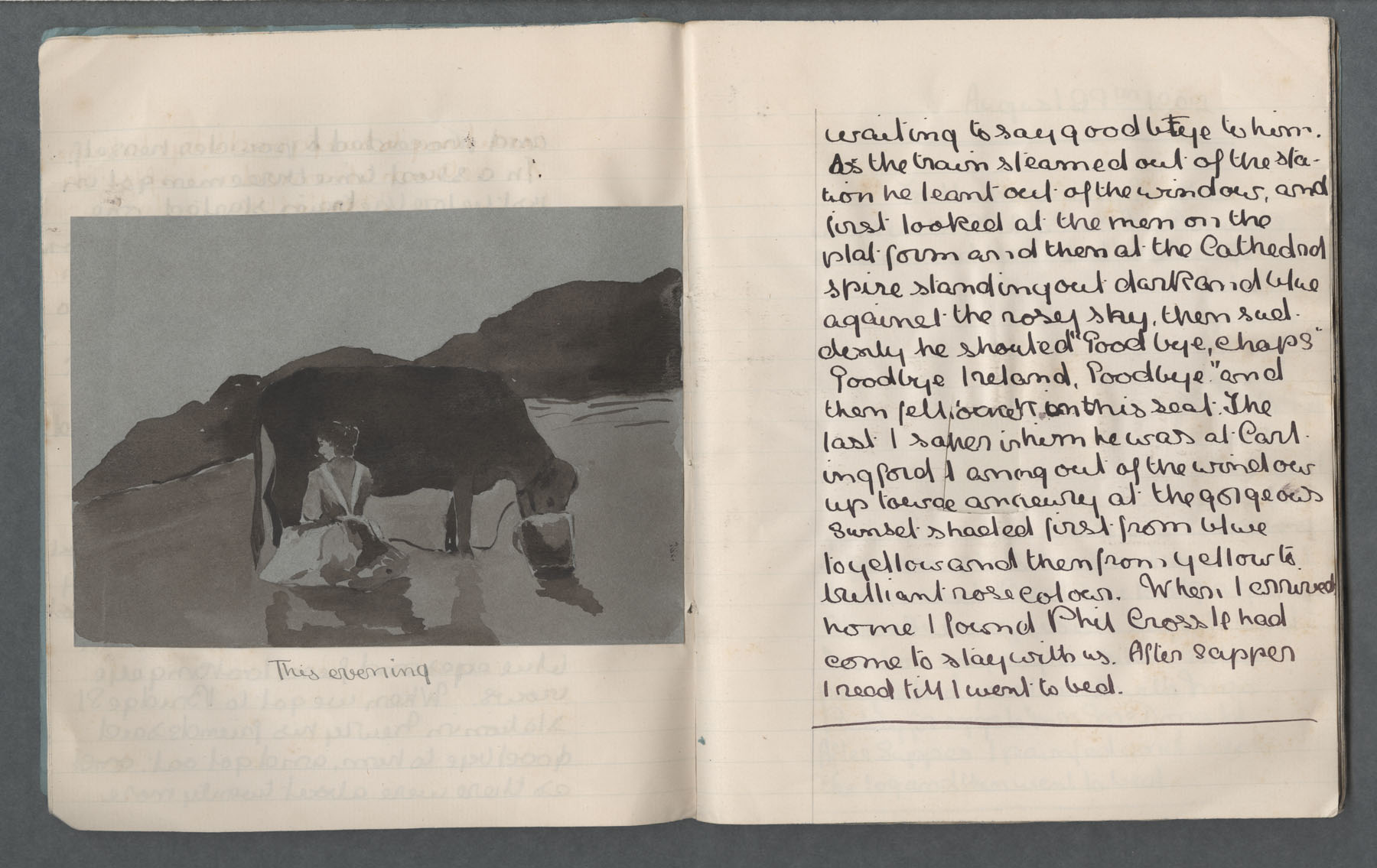 Left page has watercolour of woman milking cow with caption: 'This evening'. Right page: Ruth describes man on train at Newry saying goodbye to his friends and describes beautiful sunset