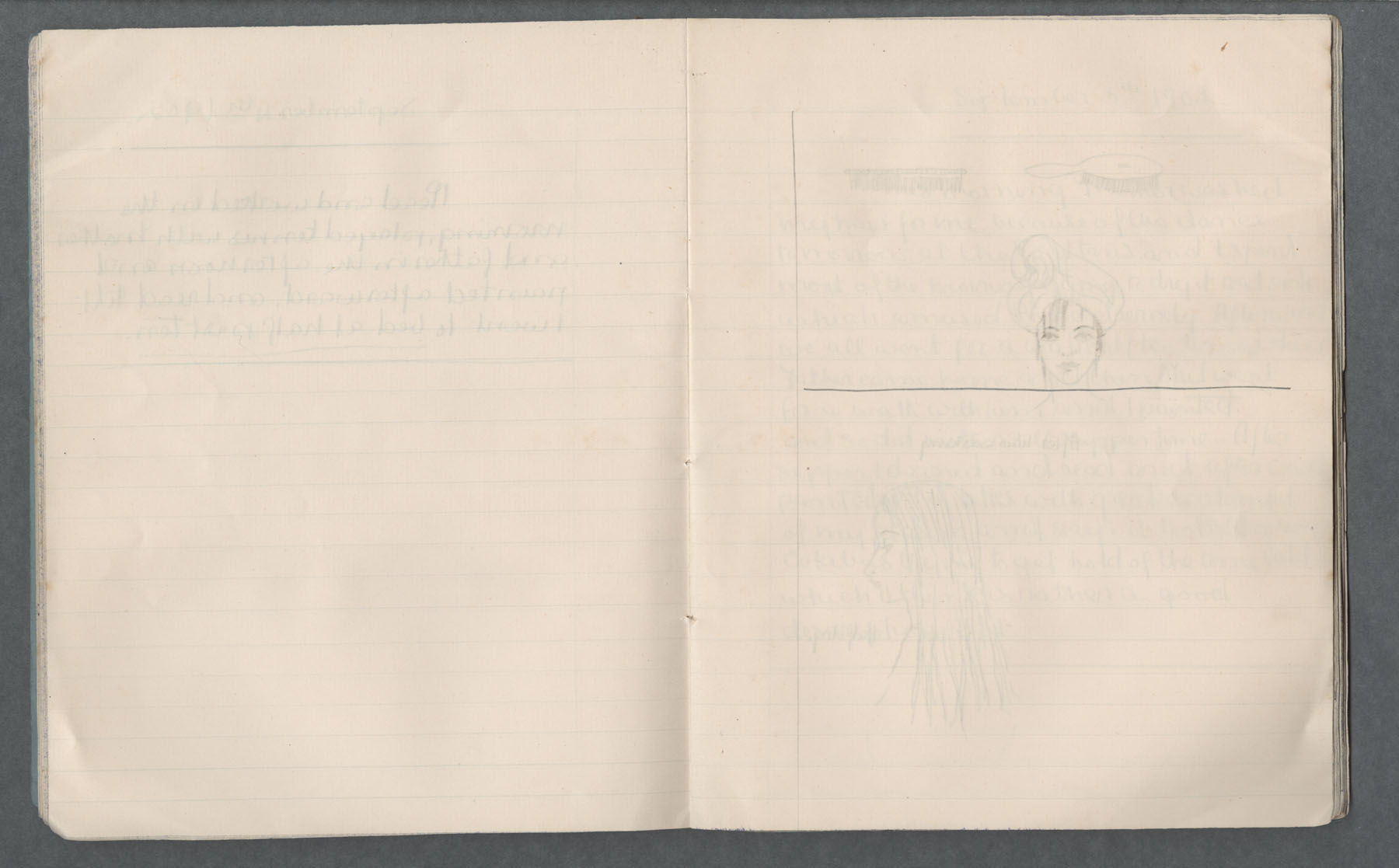 Imprint of pencil sketches (came through from next page) of Ruth drying her hair (self-portraits) and of hair brush and comb. They seem to be imprints from following page