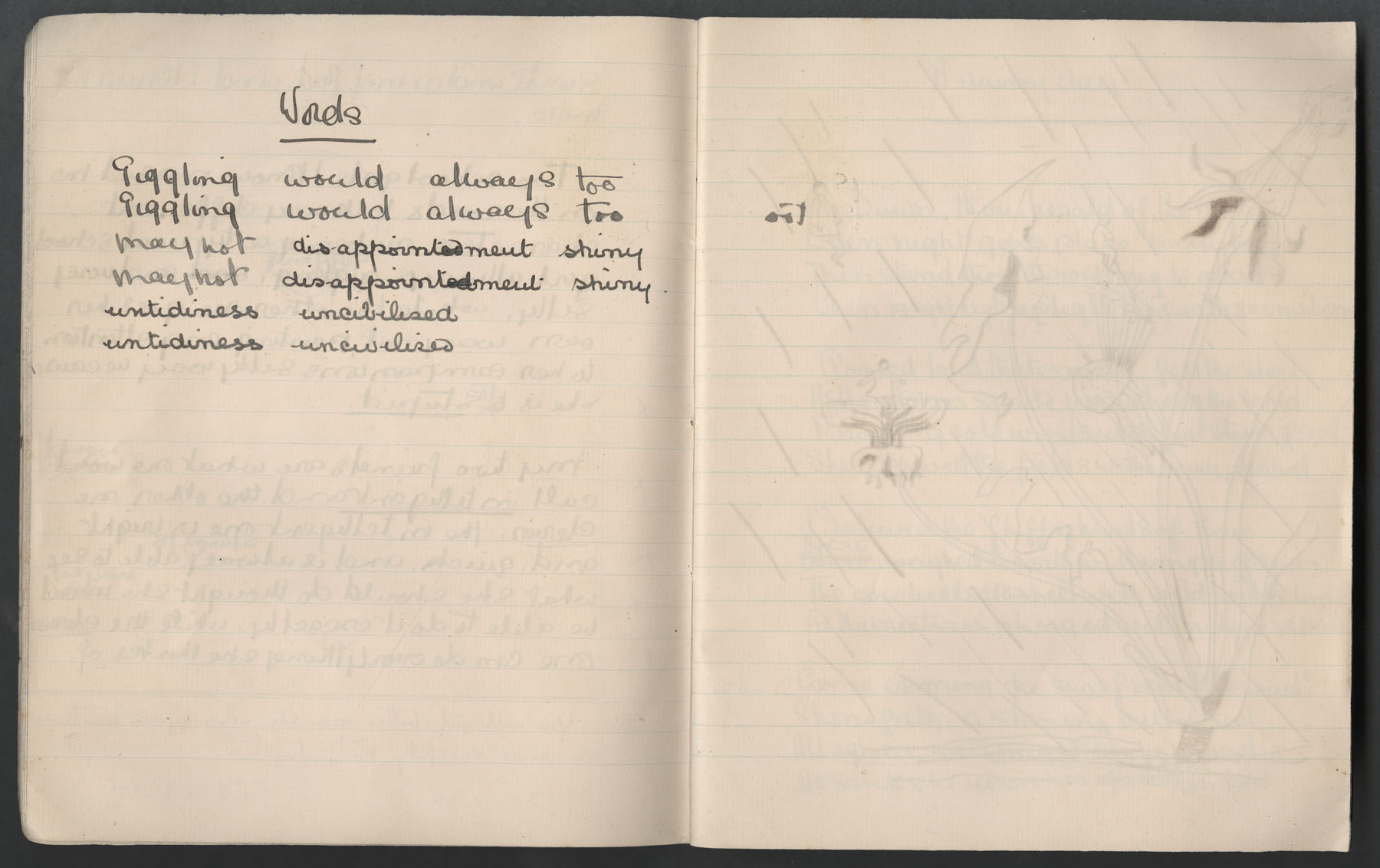 Ruth Martin Carvill's 1902 Composition book, word practice page, undated.