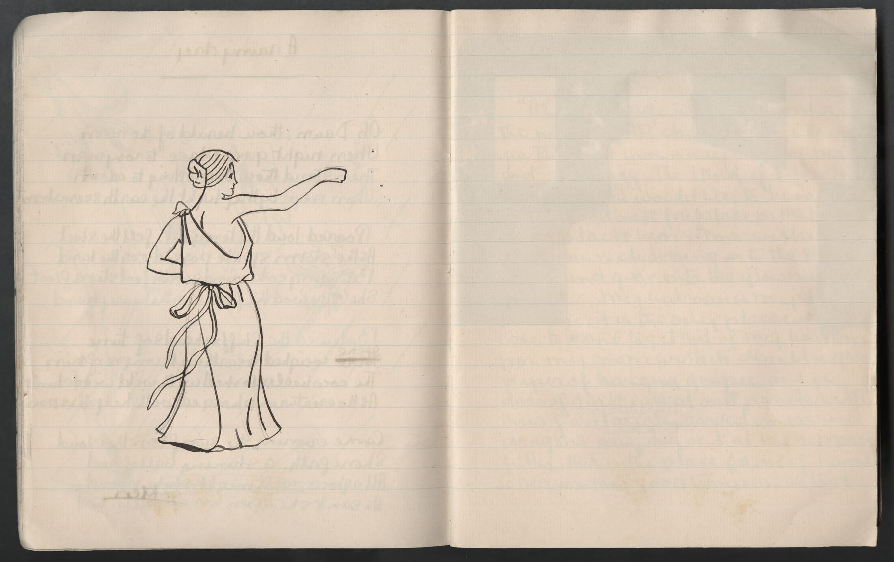 Ruth Martin Carvill's 1902 Composition book, undated drawing of woman in Roman-type robe.