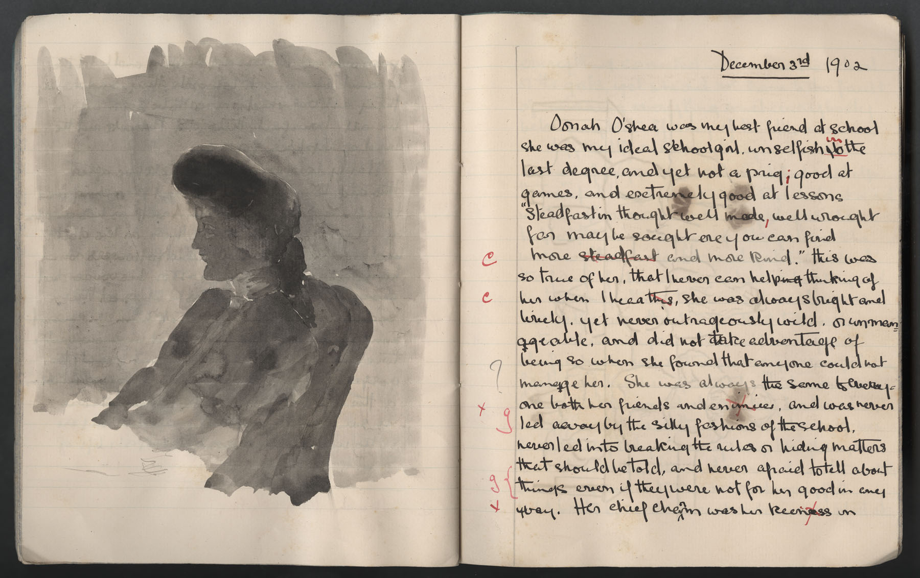 Ruth Martin Carvill's 1902 Composition book, Essay about Oonah O'Shea &amp; Evaleena, dated 3 Dec 1902, page 1 of 6