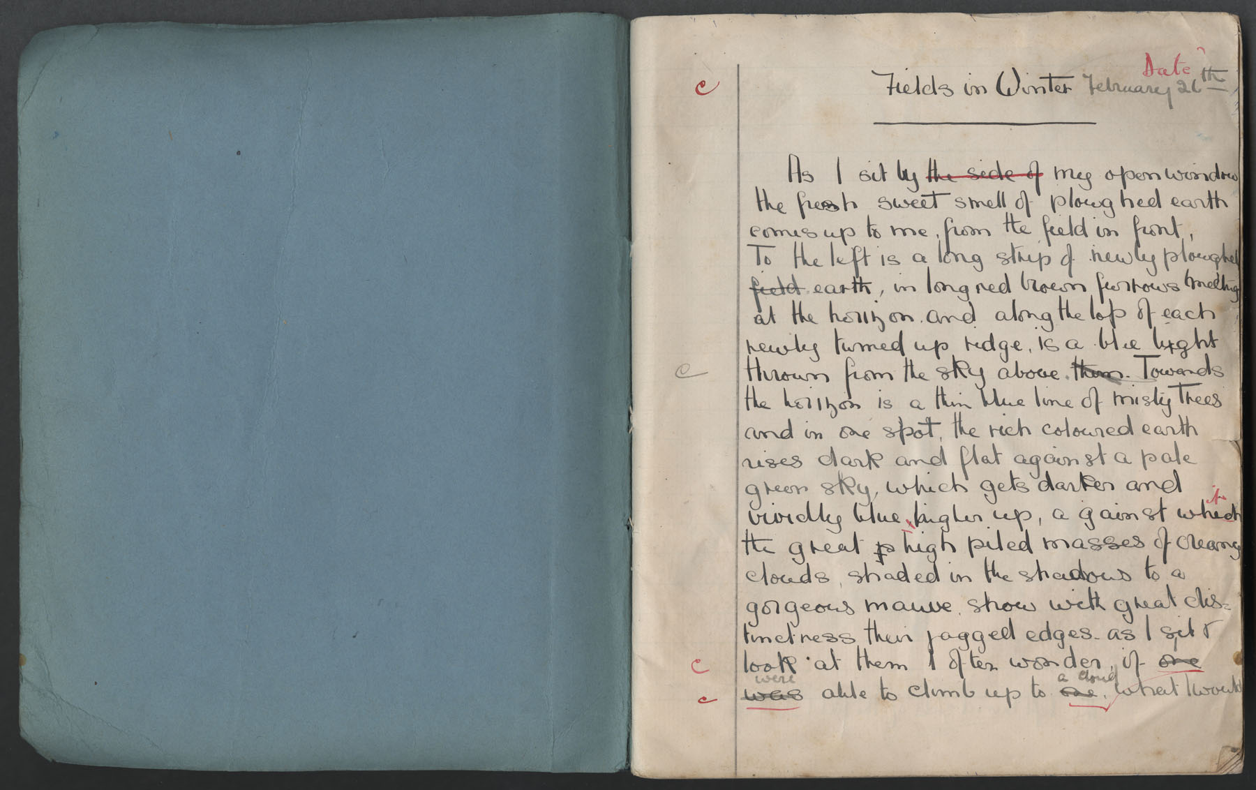 Ruth Martin Carvill's 1903 Composition book, essay entitled "Fields in Winter", dated 26 February 1903, pg 1 of 7