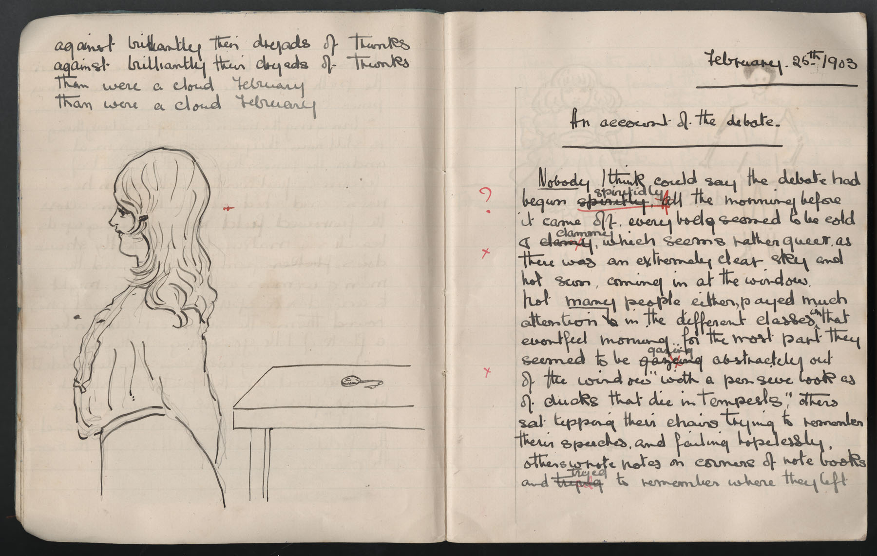 Ruth Martin Carvill's 1903 Composition book, essay entitled "An Account of the Debate", dated 25 February 1903, pg 1-2 of 14